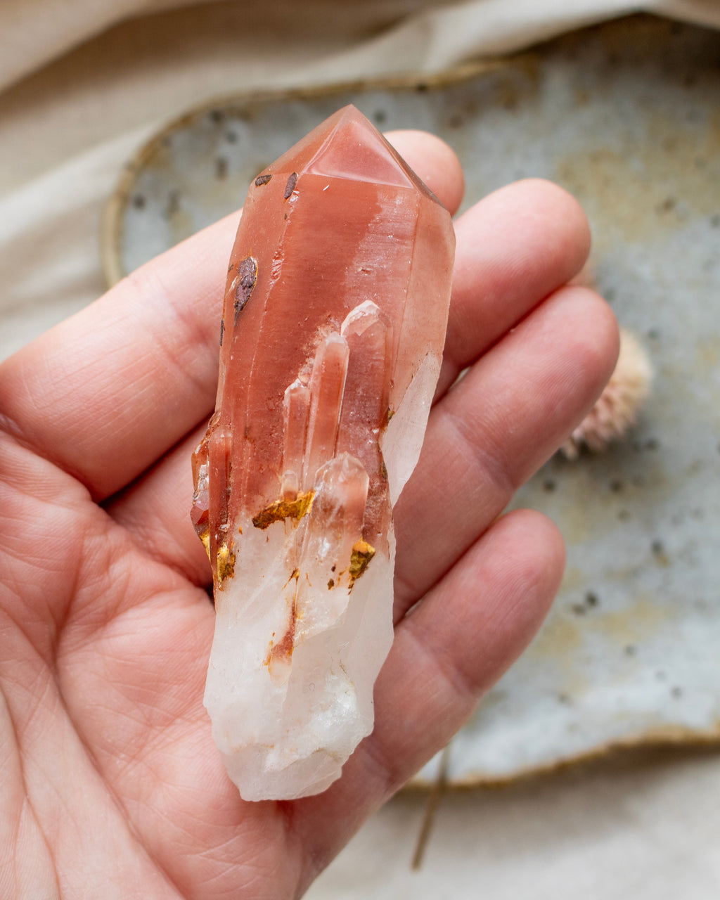 Hand holding a crystal with a natural background