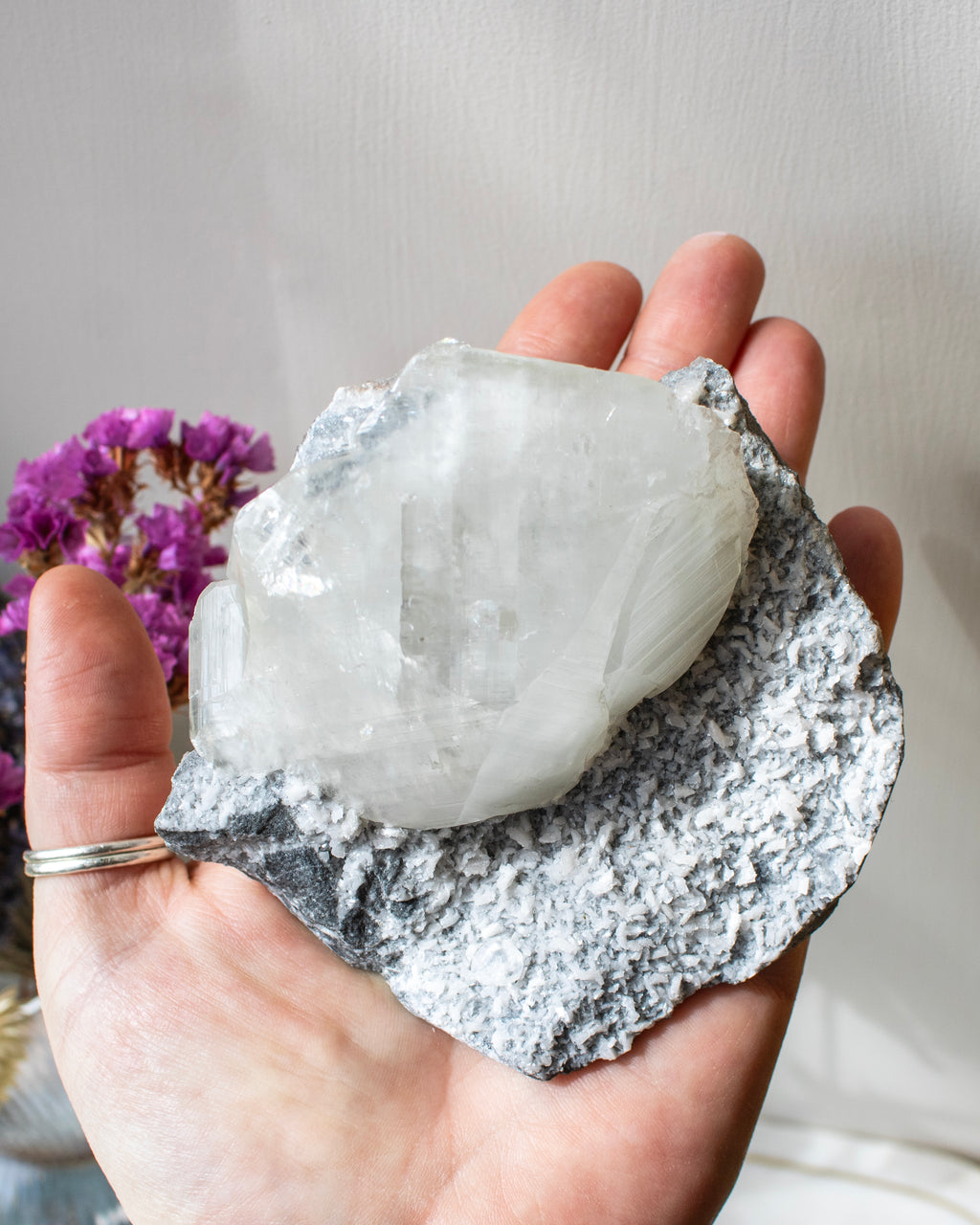 Hand holding a crystal with a blurred background of purple flowers