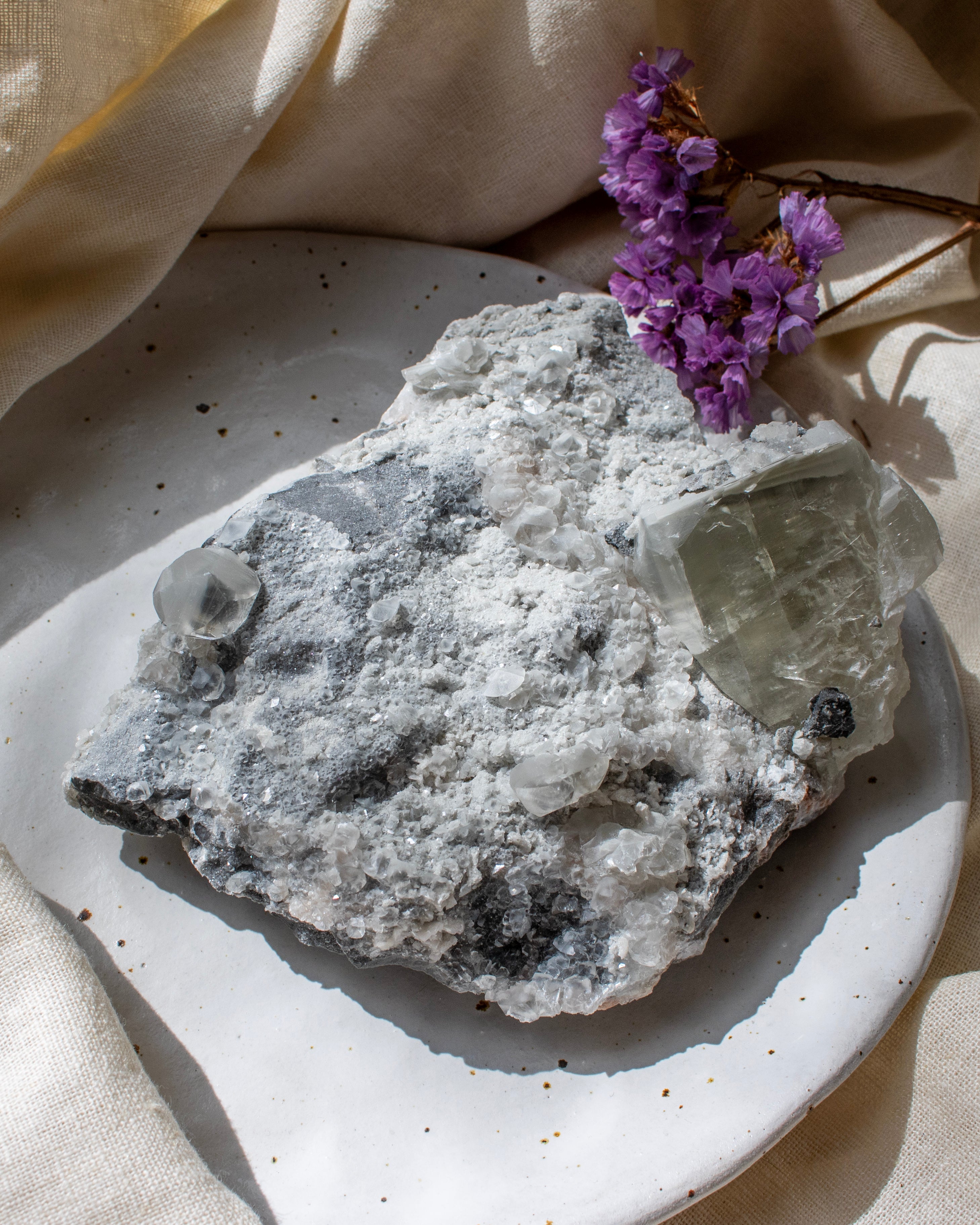 Mineral specimen on a white plate with purple flowers