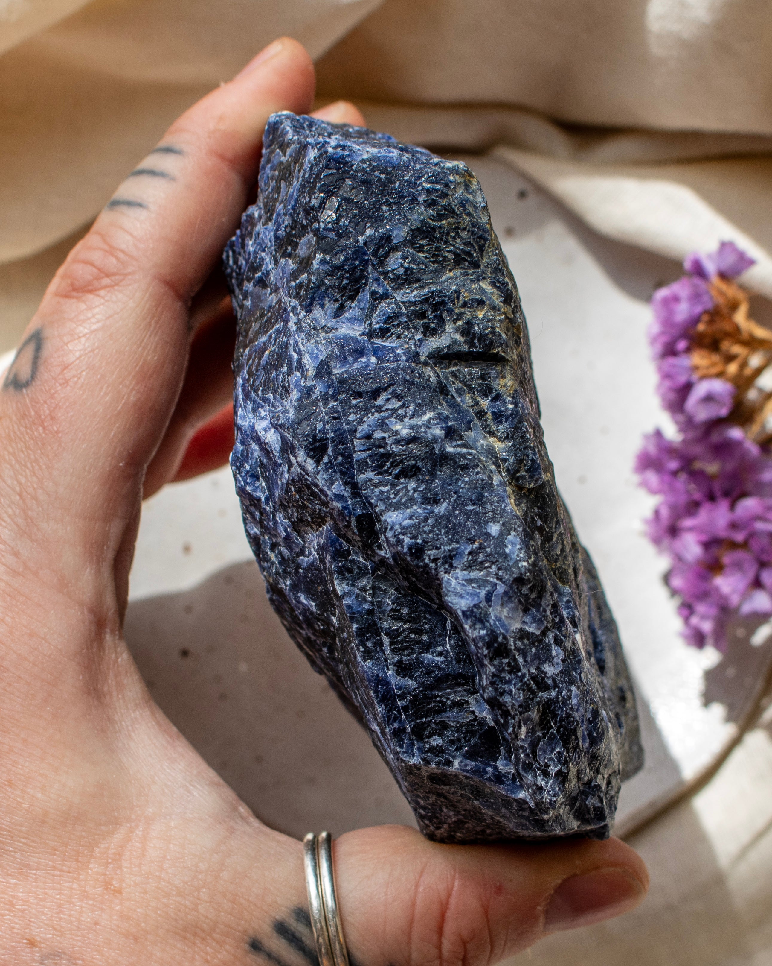 Hand holding a large blue stone with a beige background and purple flowers.
