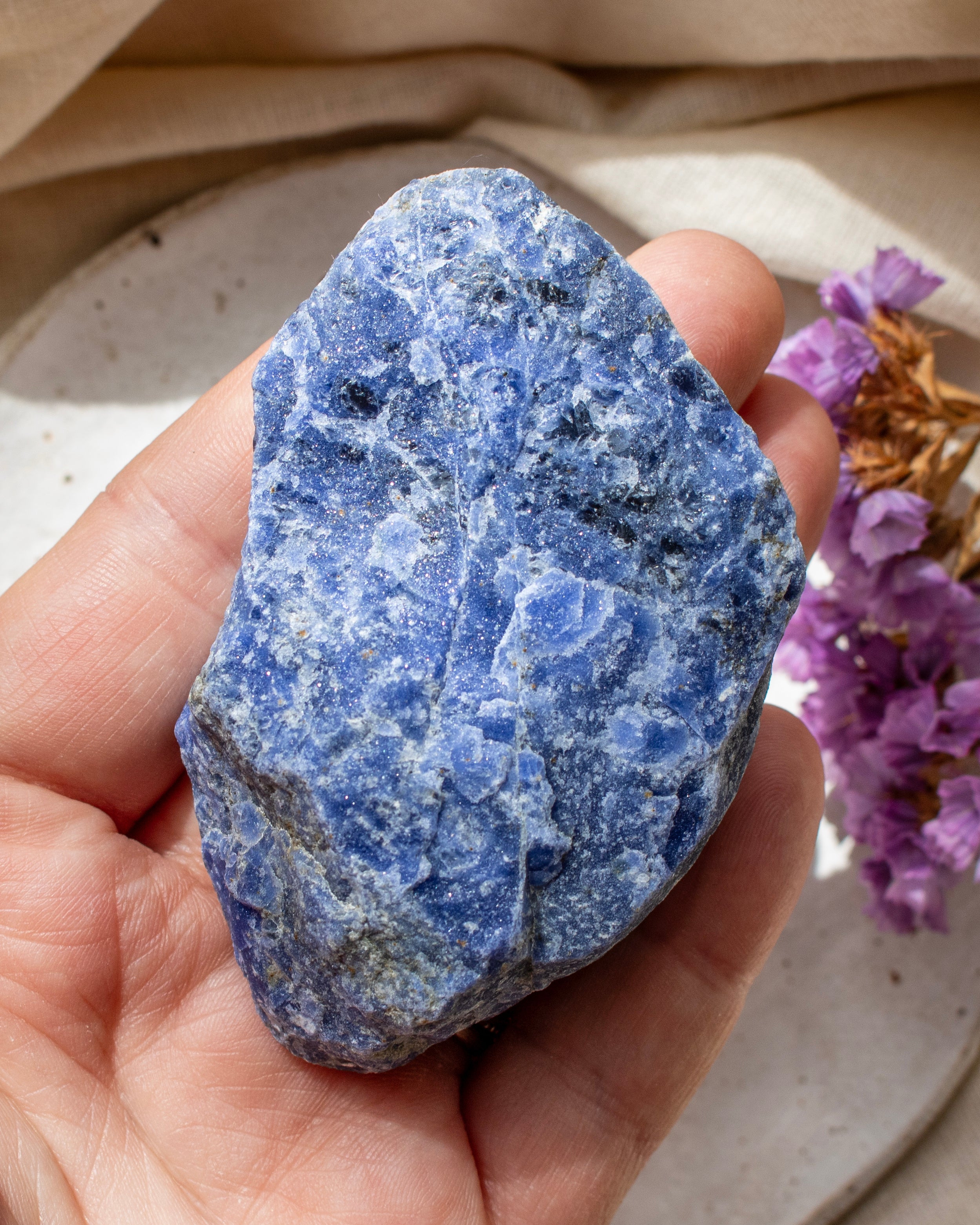 Hand holding a blue and gray textured stone with a blurred background