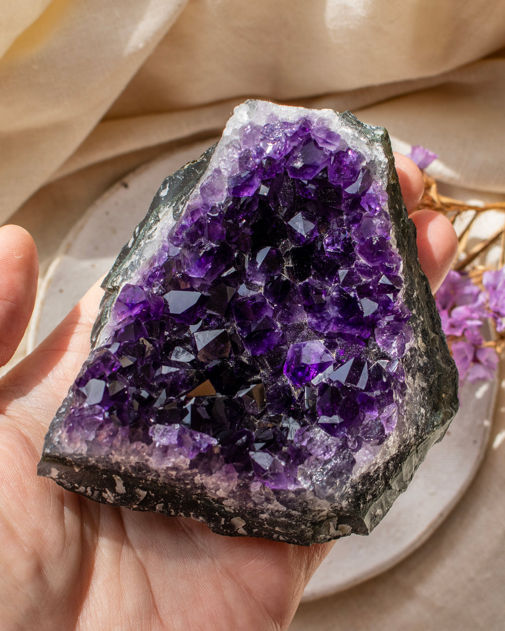 Amethyst crystal held in a hand with a soft background