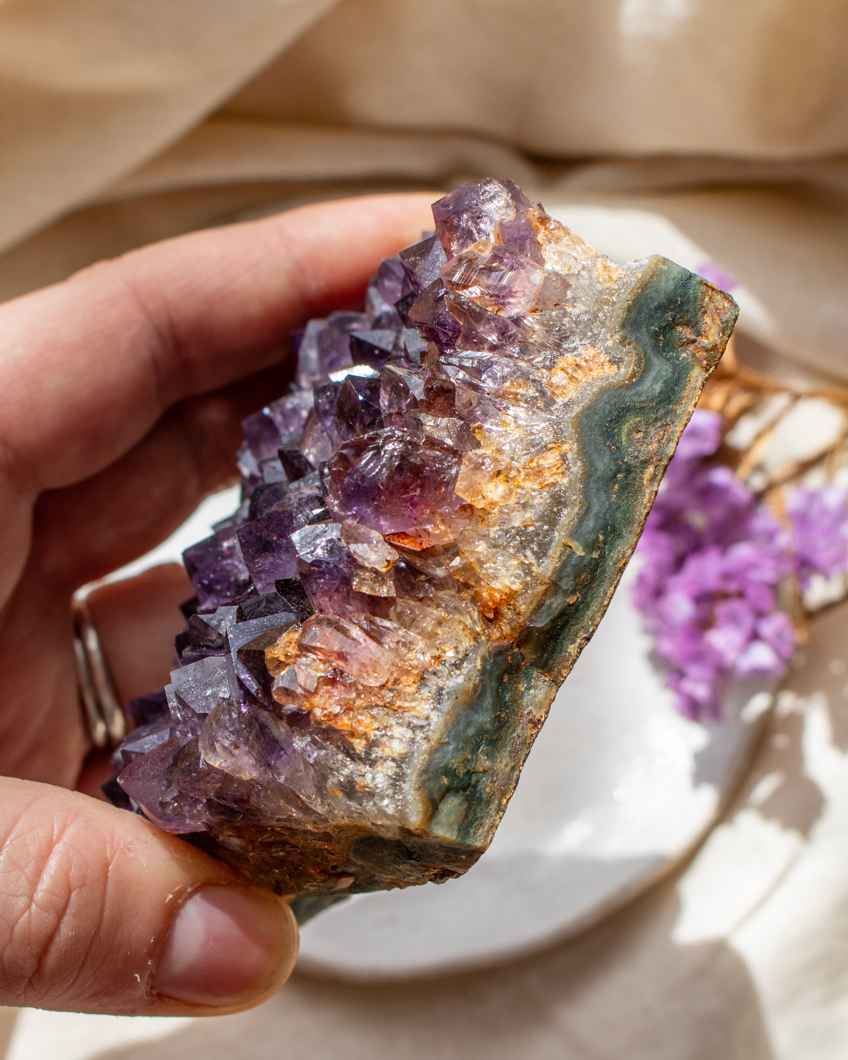 Hand holding a large amethyst crystal with a soft focus background