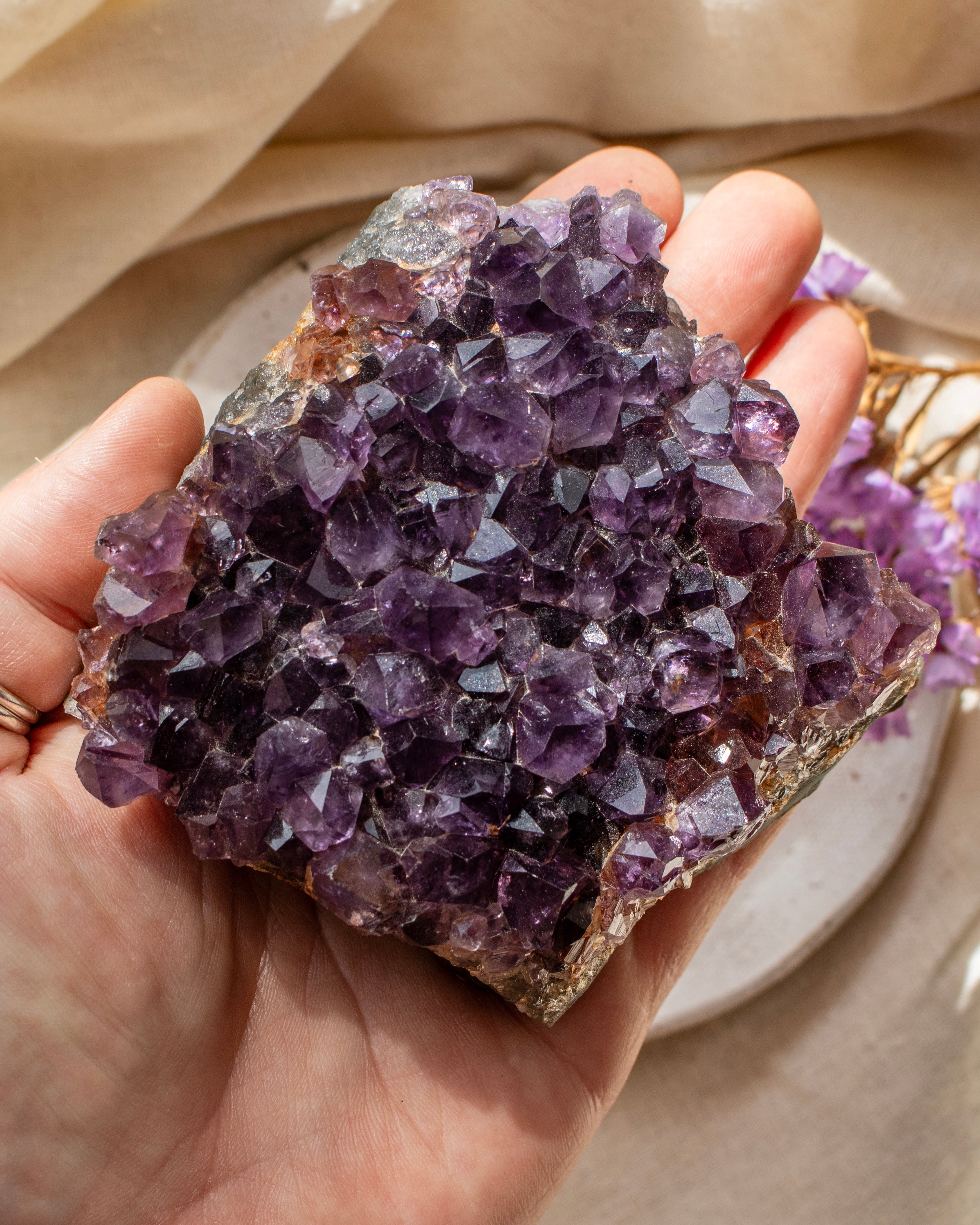 Hand holding a large purple amethyst crystal with a soft beige background