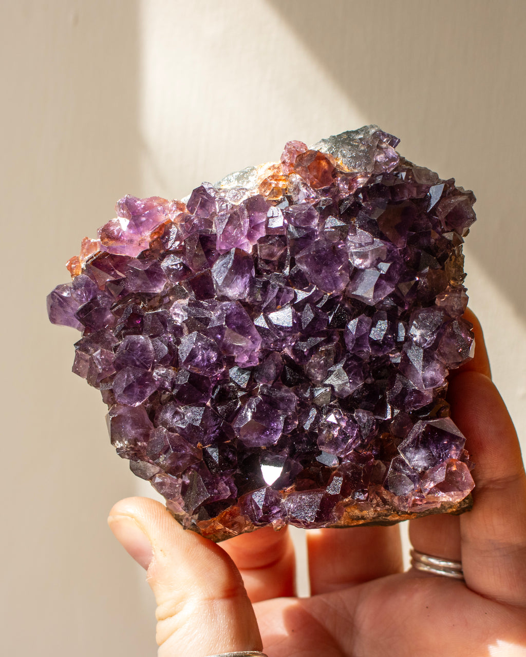 Amethyst crystal cluster held in a hand against a neutral background