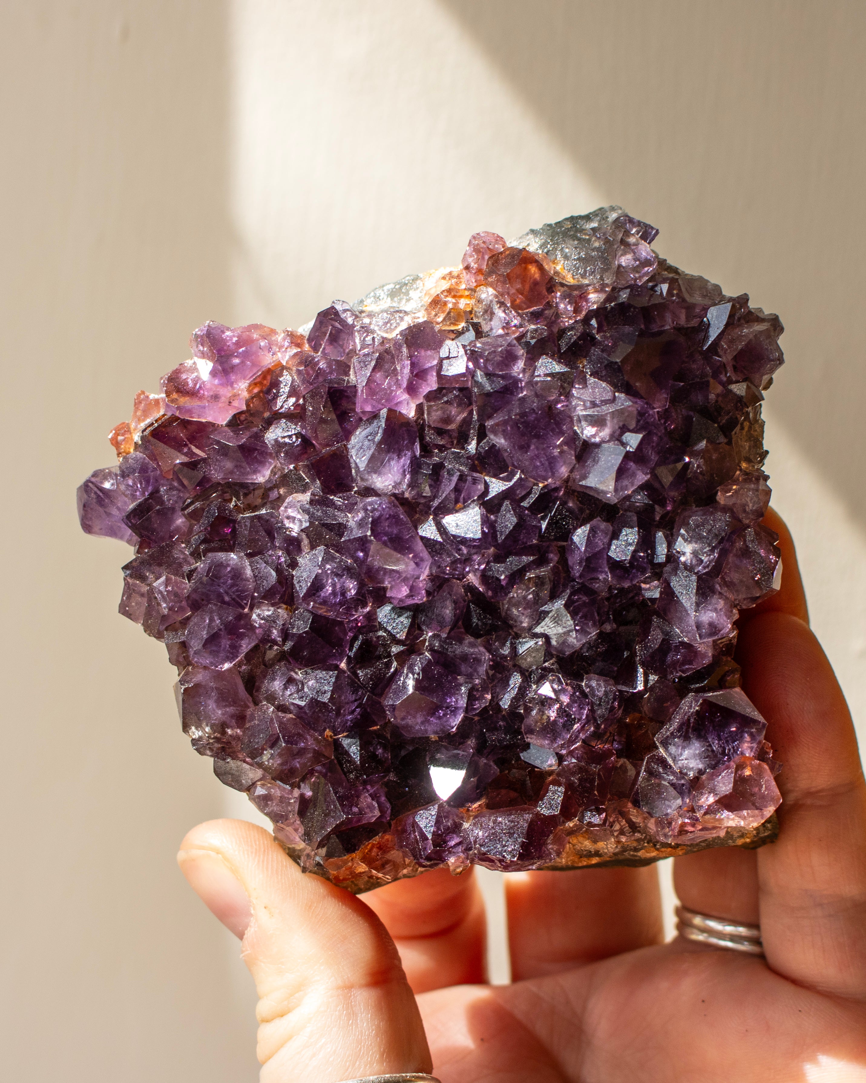 Amethyst crystal cluster held in a hand against a neutral background