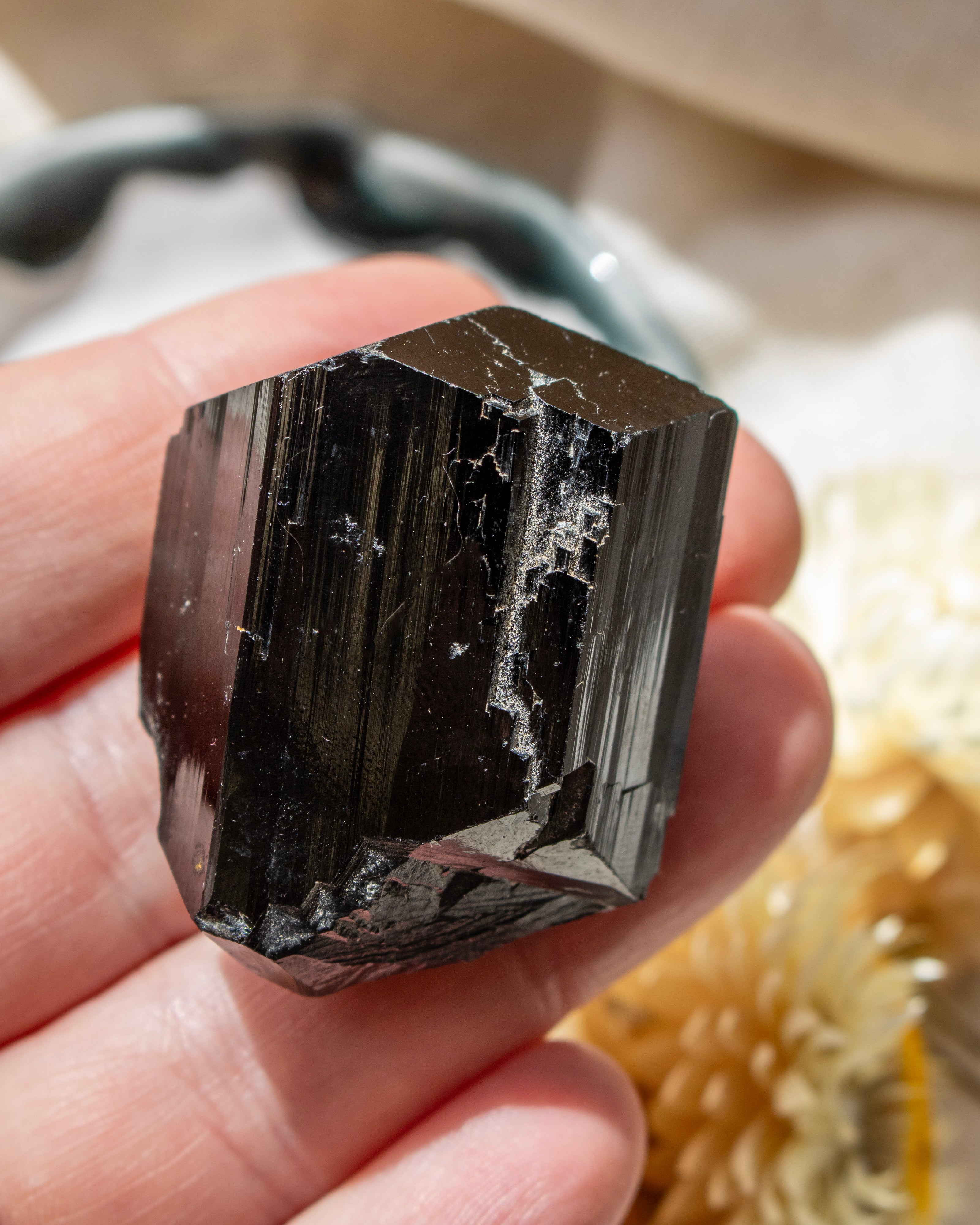 Person holding a large black crystal with a blurred background