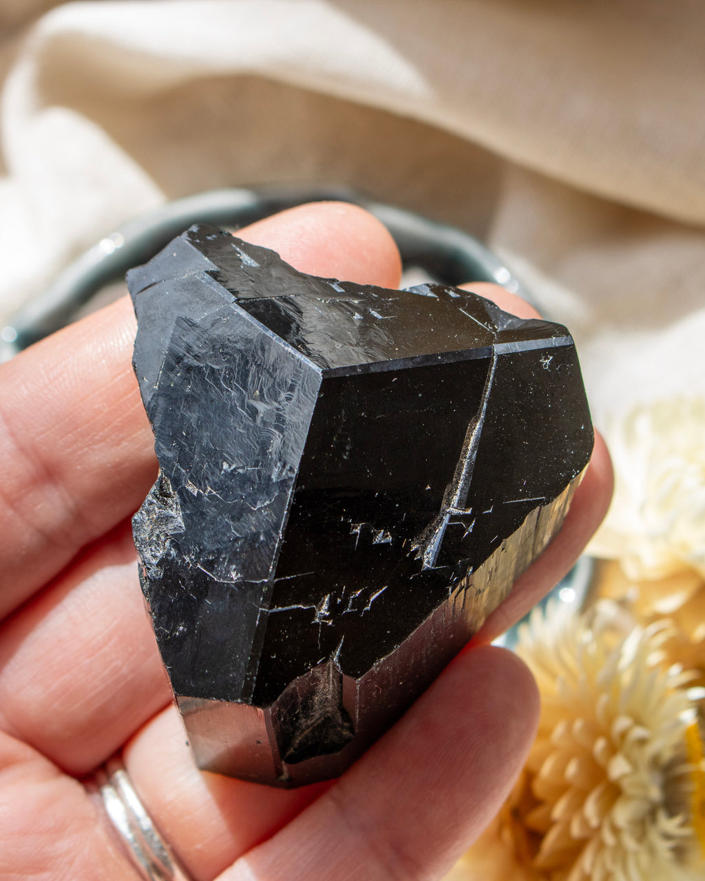 Hand holding a rough black crystal with a blurred natural background