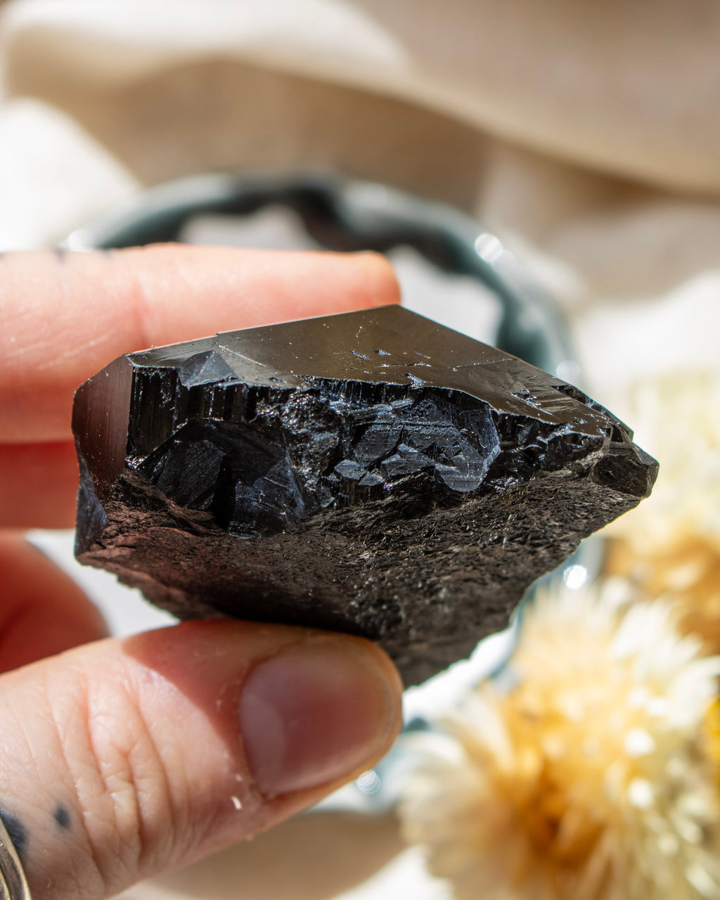 Person holding a dark crystal rock with a blurred natural background