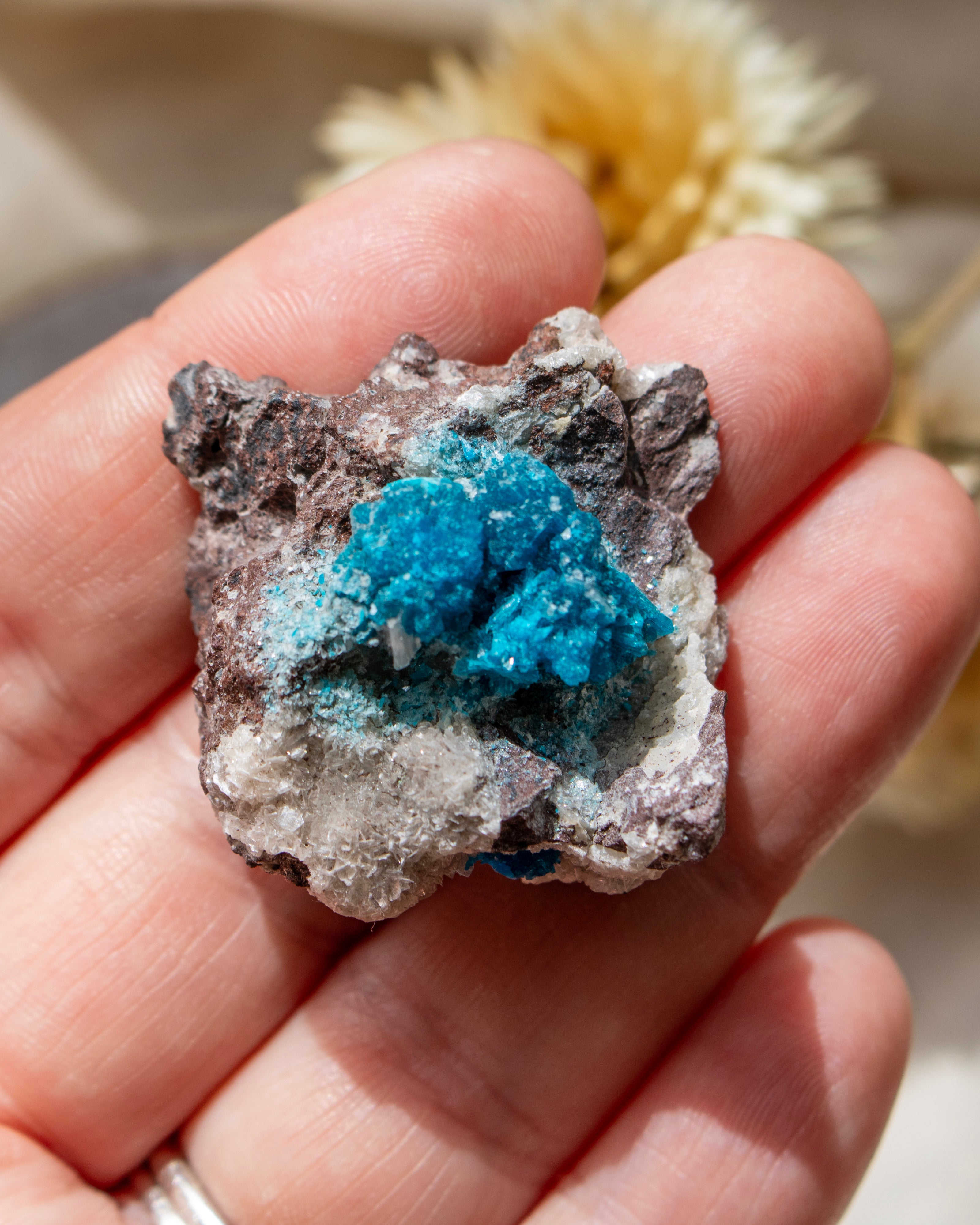 Mineral sample with blue crystal on a hand