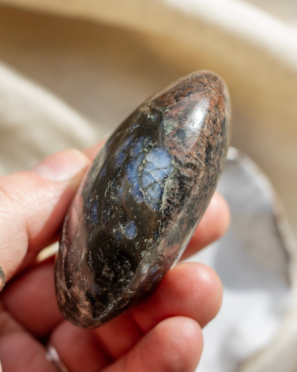 Hand holding a polished stone with a reflective surface.