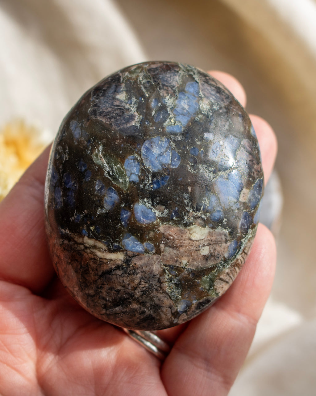 Hand holding a polished stone with blue and brown speckles