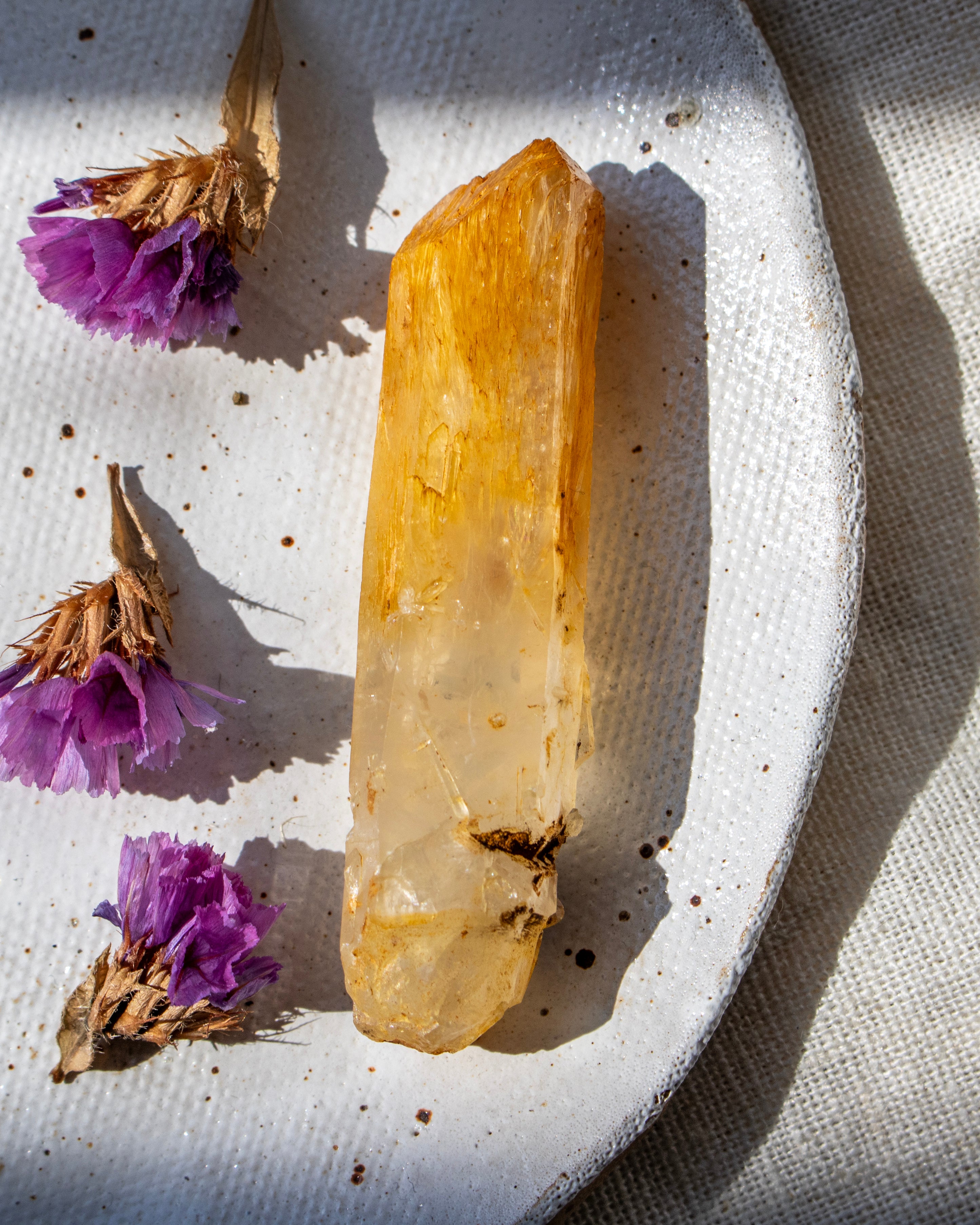 Crystal on a white plate with purple flowers and a textured beige background