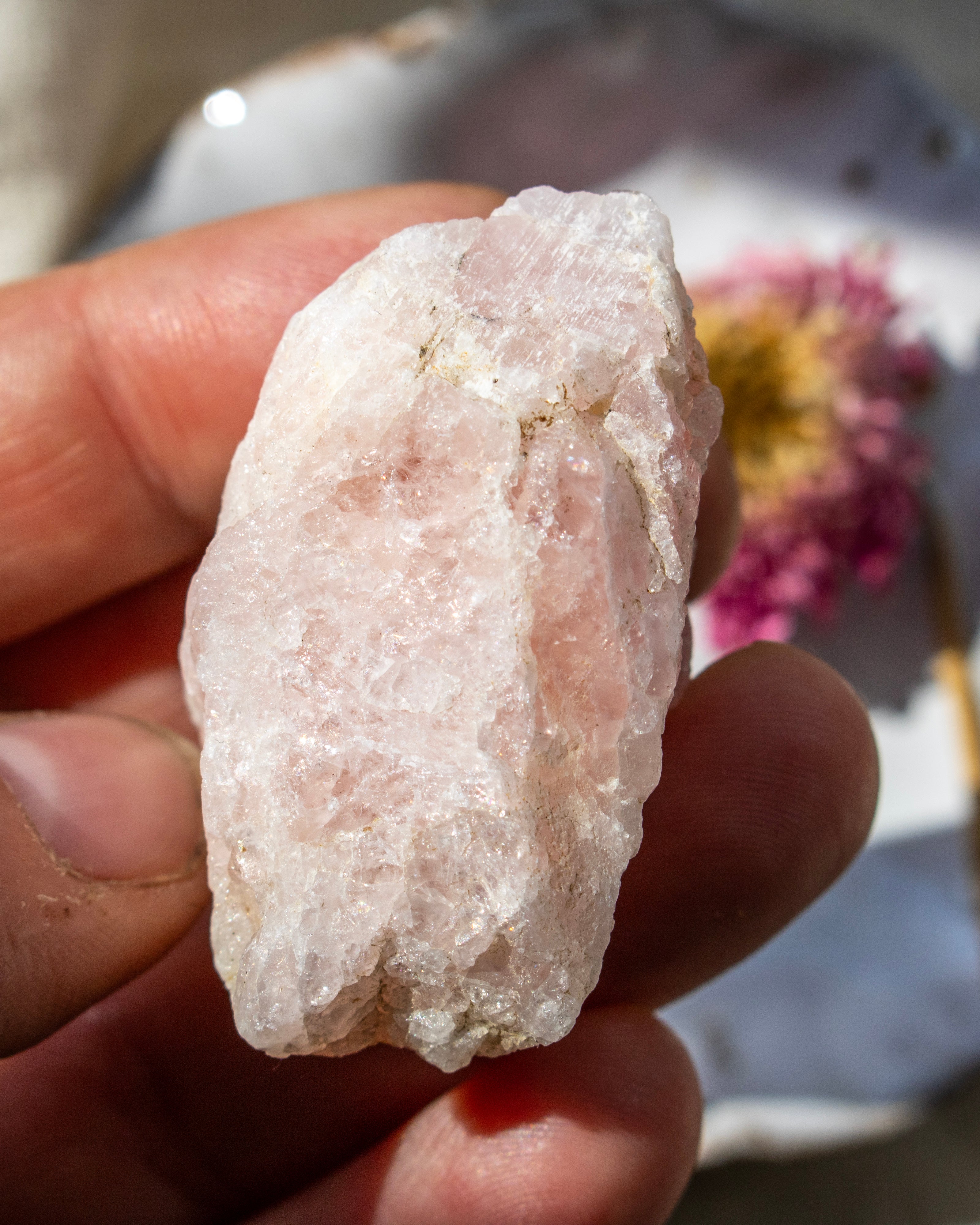 Hand holding a rough pink crystal with a blurred natural background