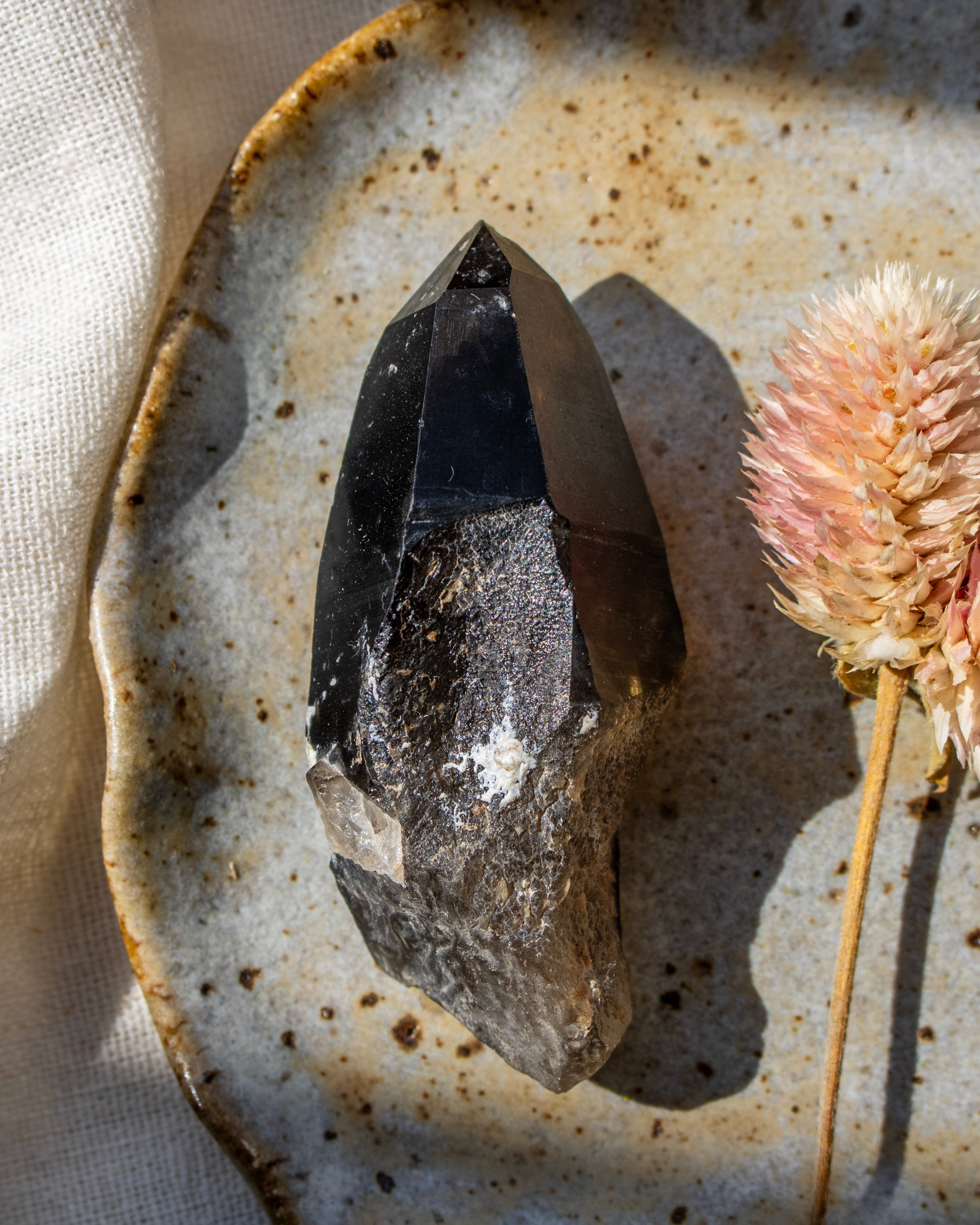 Crystal on a textured ceramic plate with a dried flower