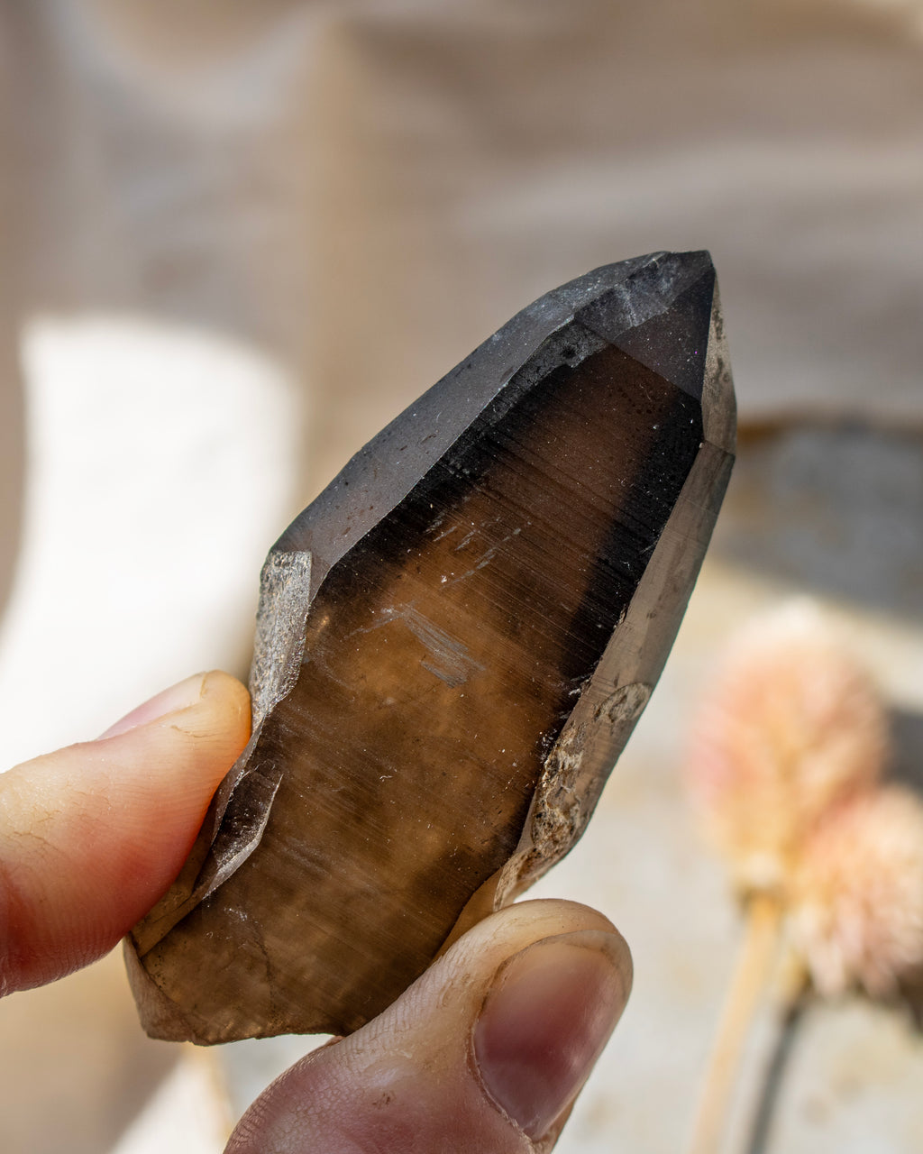 Person holding a dark crystal with a blurred background