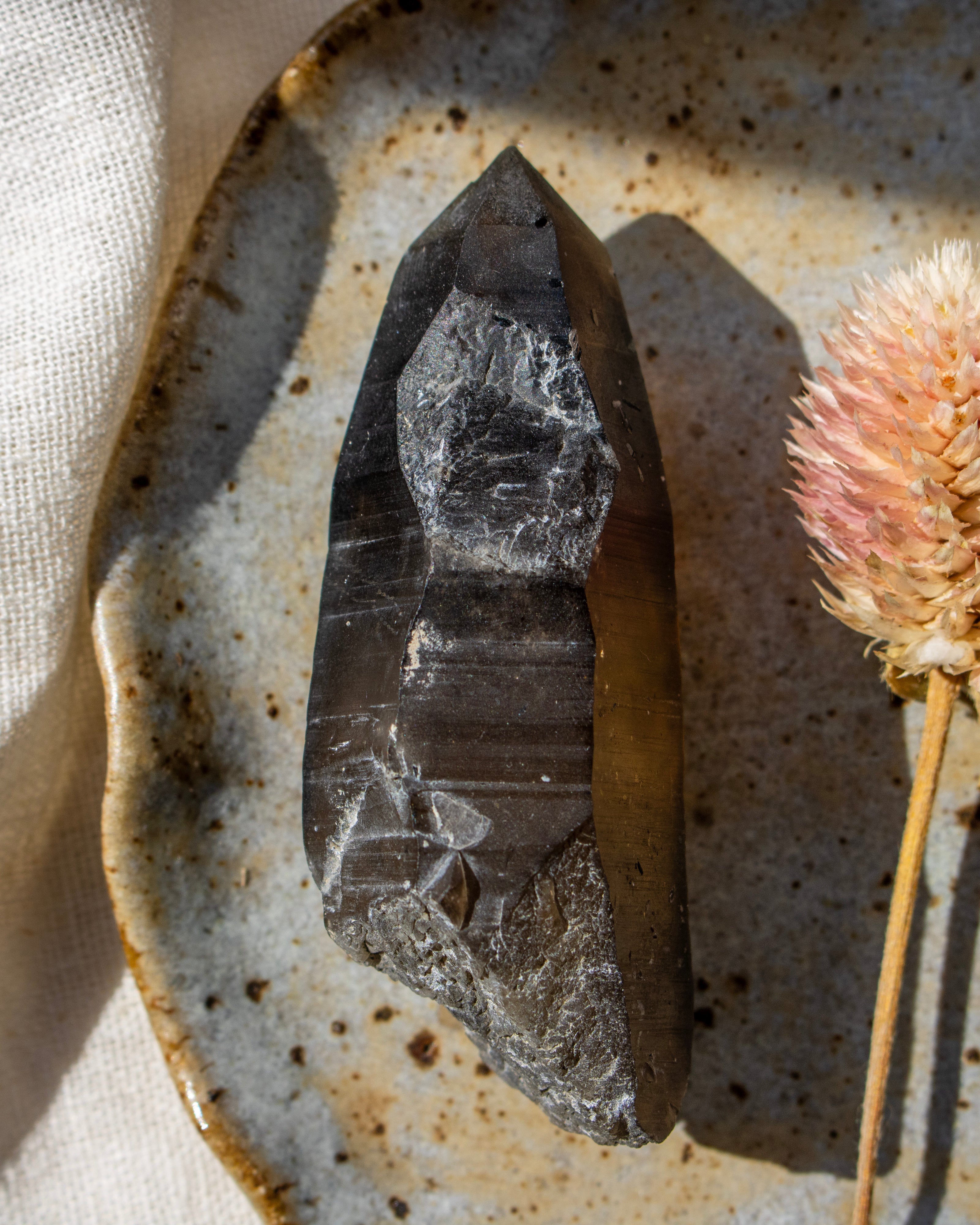 Mineral specimen on a textured ceramic plate with a dried flower