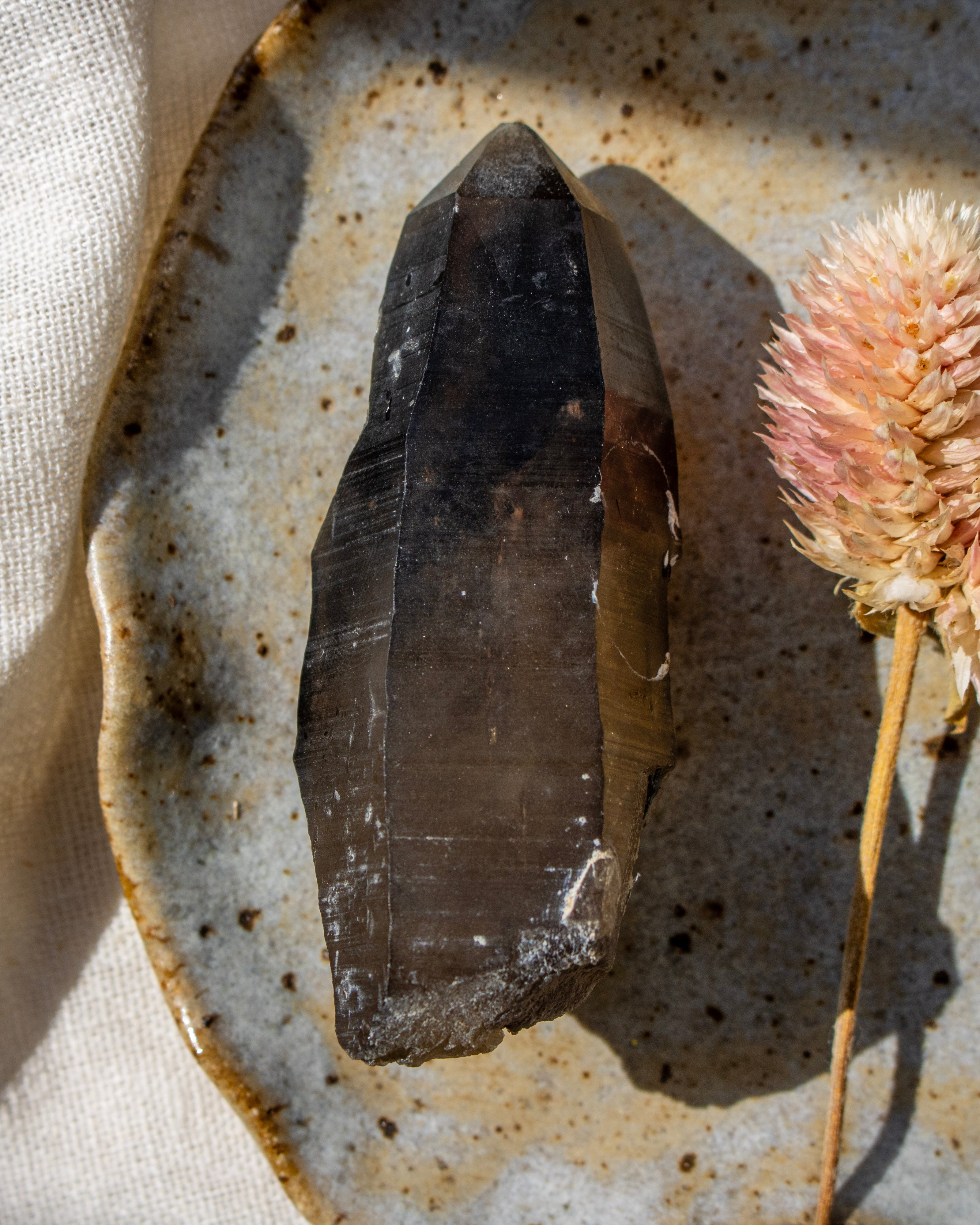 Mineral specimen on a textured ceramic plate with a dried flower