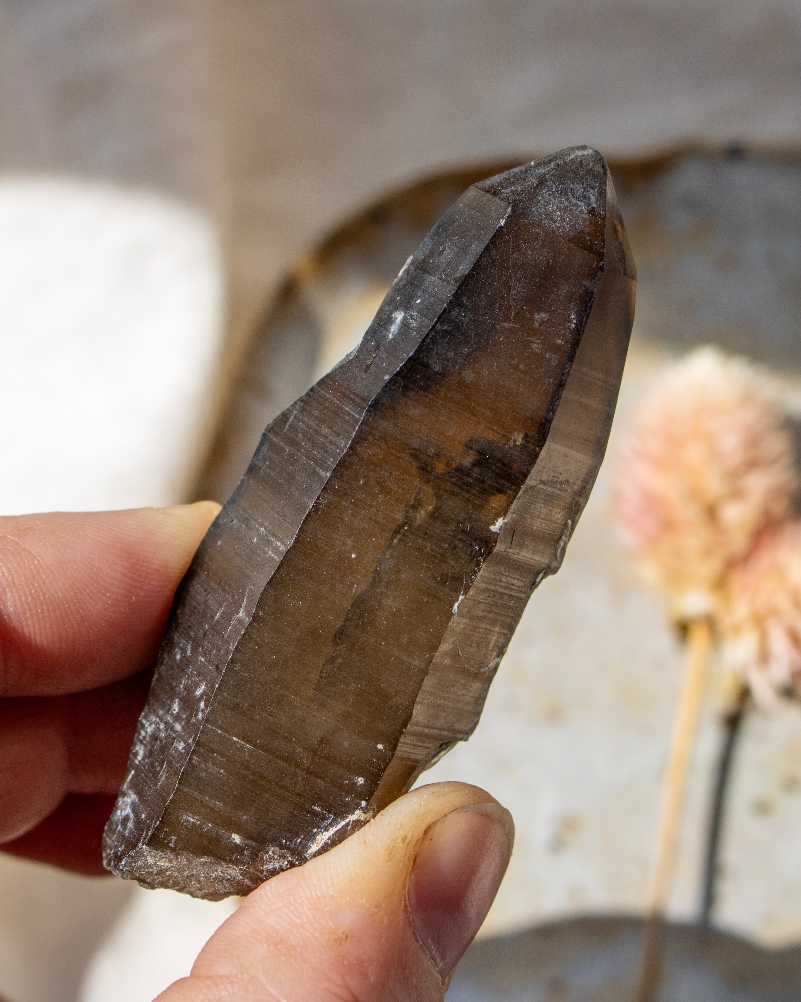 Hand holding a crystal with a blurred natural background