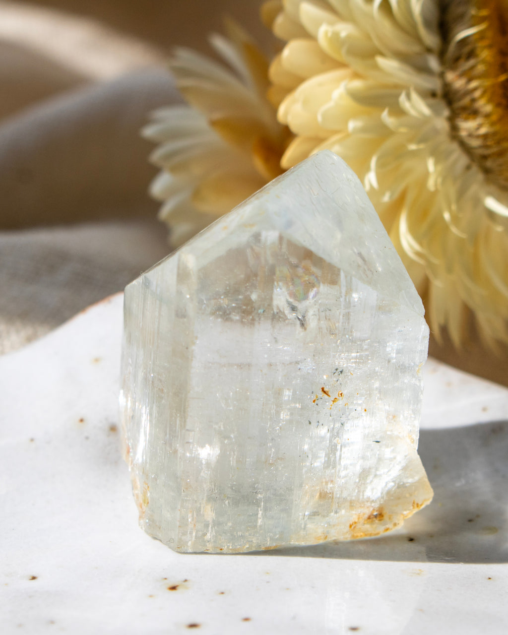 Clear crystal on a textured surface with a blurred natural background