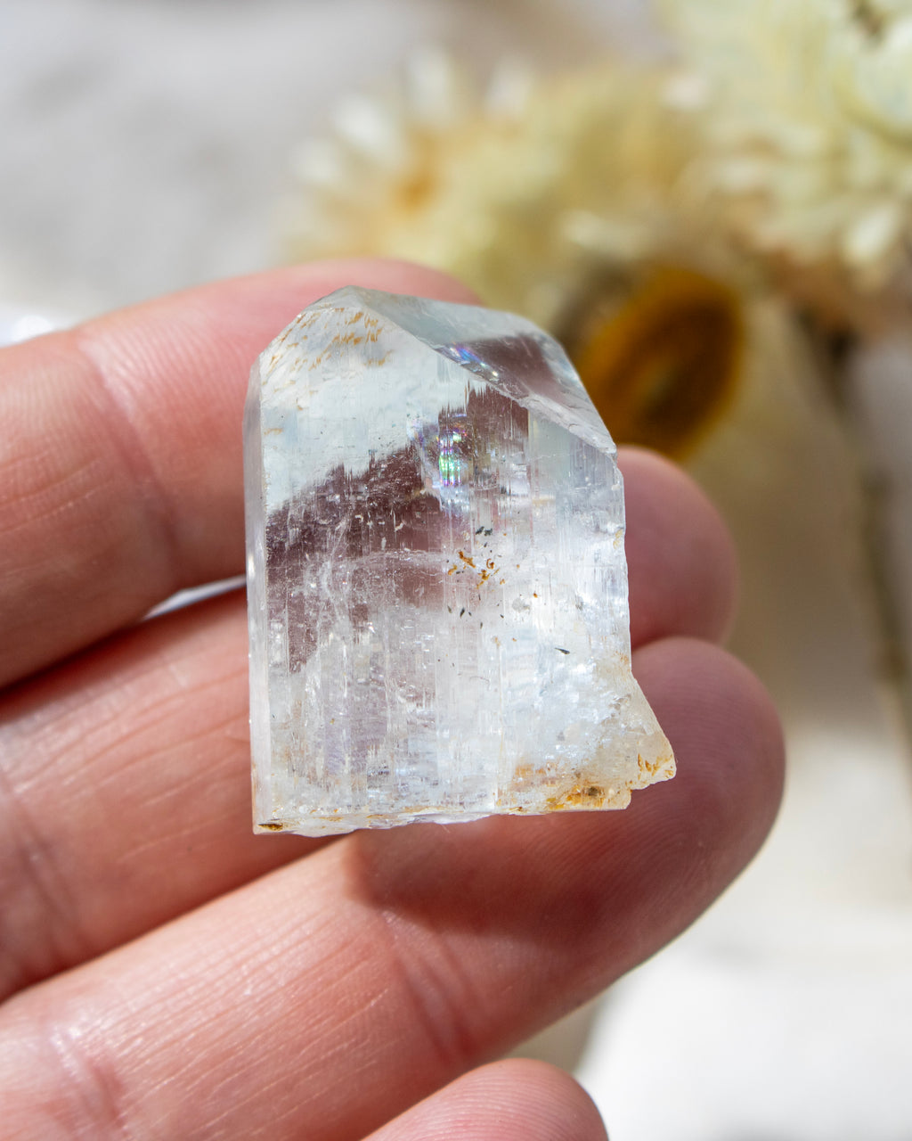 Clear crystal held in a hand with a blurred natural background