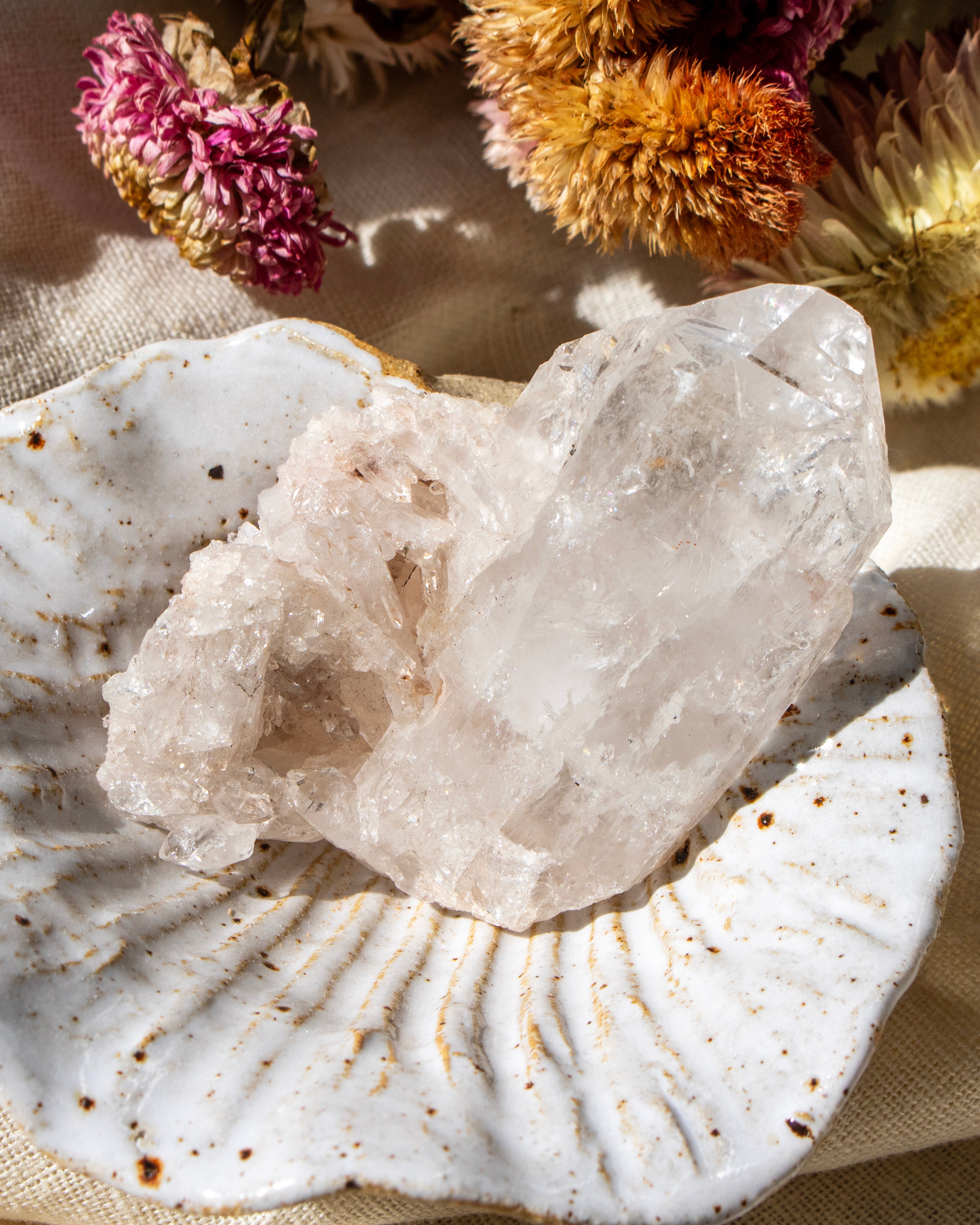 Clear crystal in a decorative bowl with dried flowers and a natural background