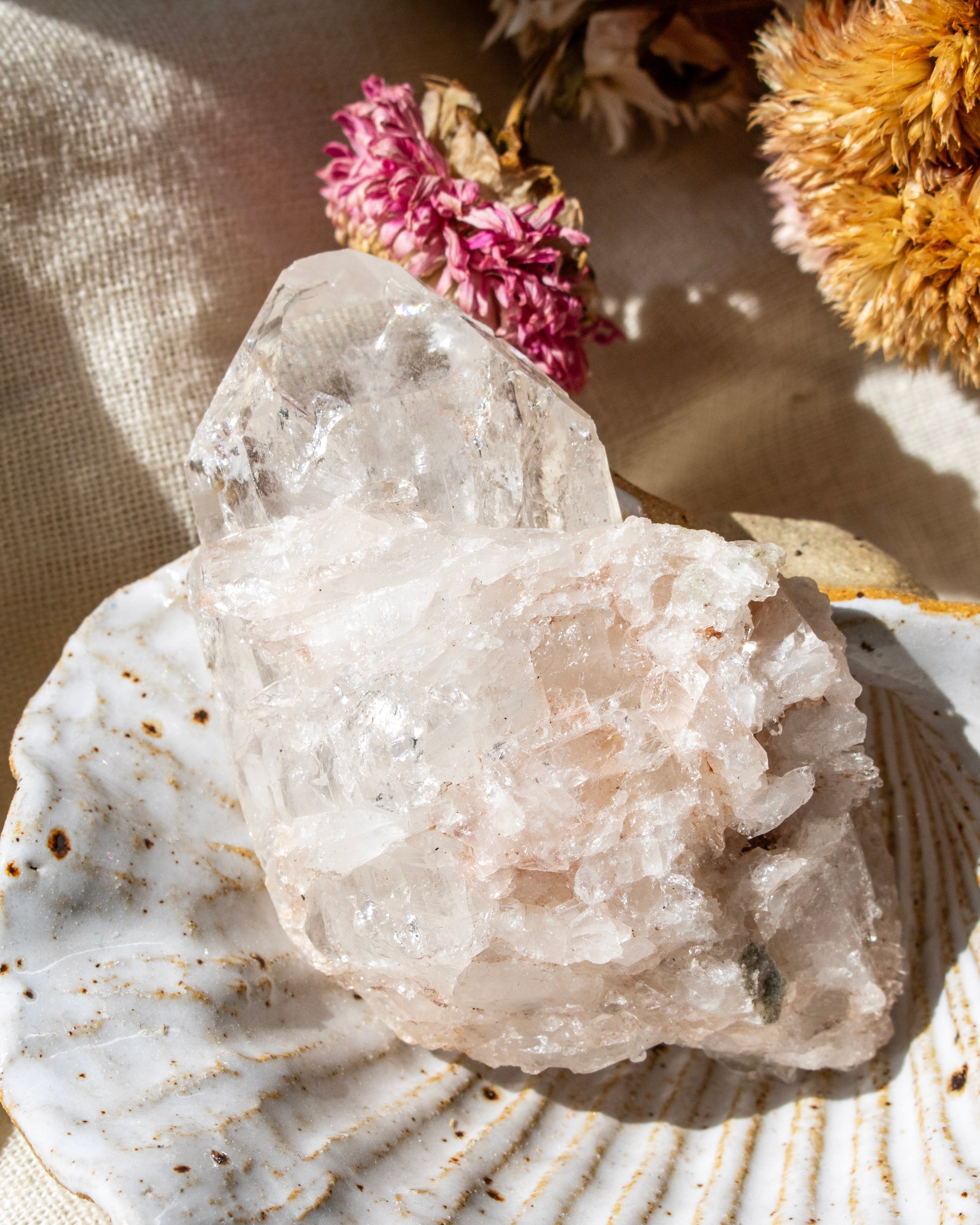 Clear crystal in a decorative bowl with dried flowers and a natural background