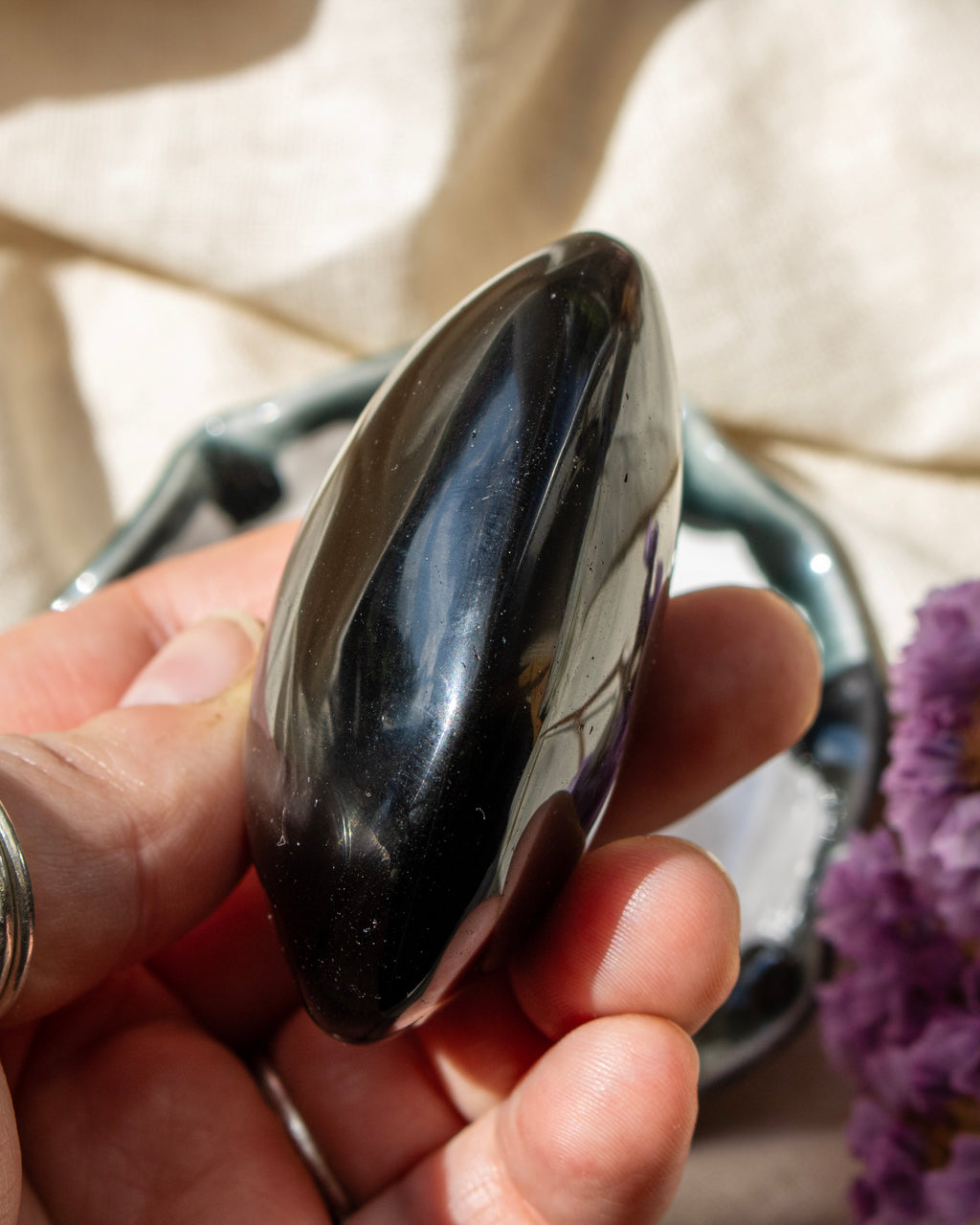 Hand holding a black stone with a blurred background
