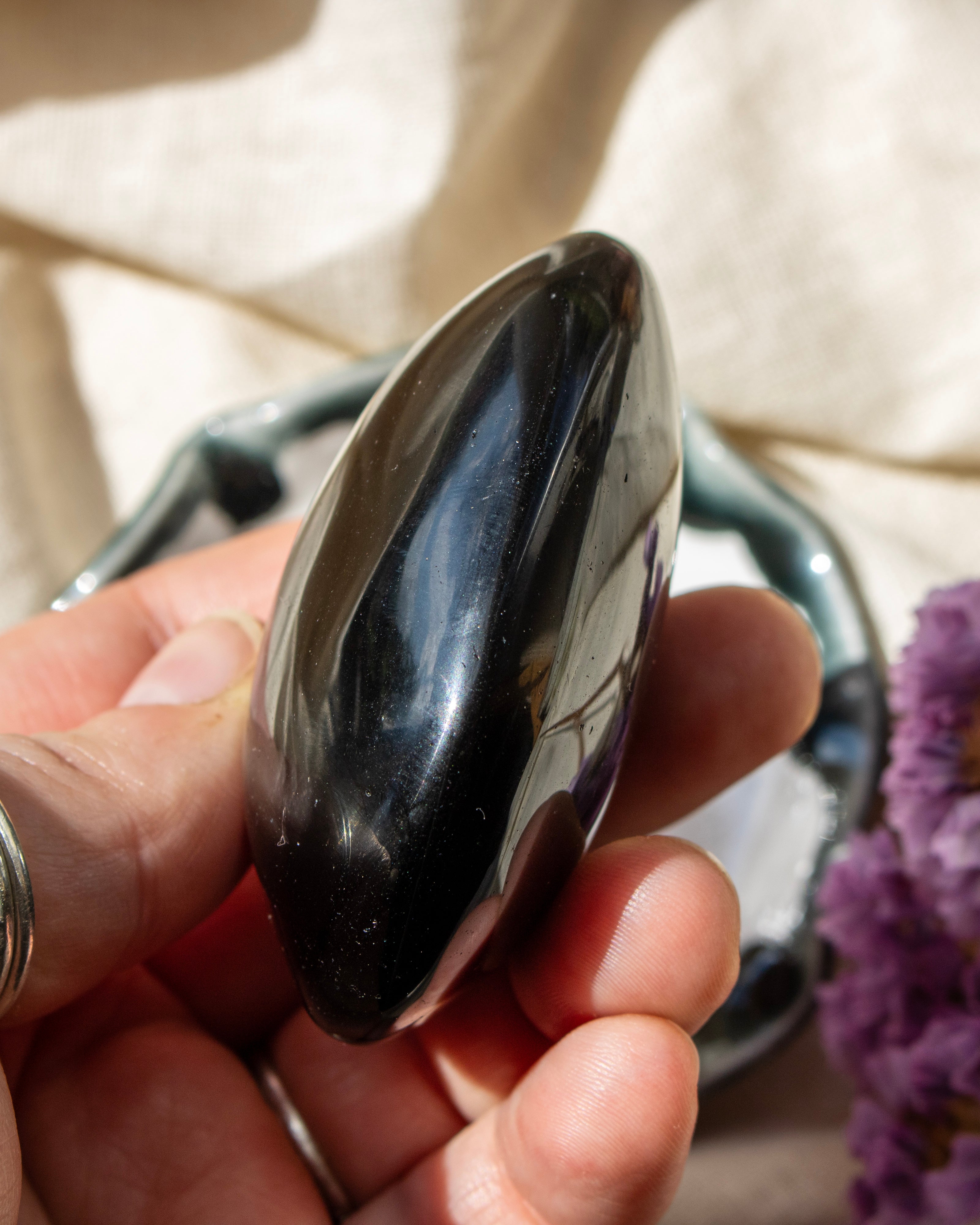 Hand holding a black stone with a blurred background