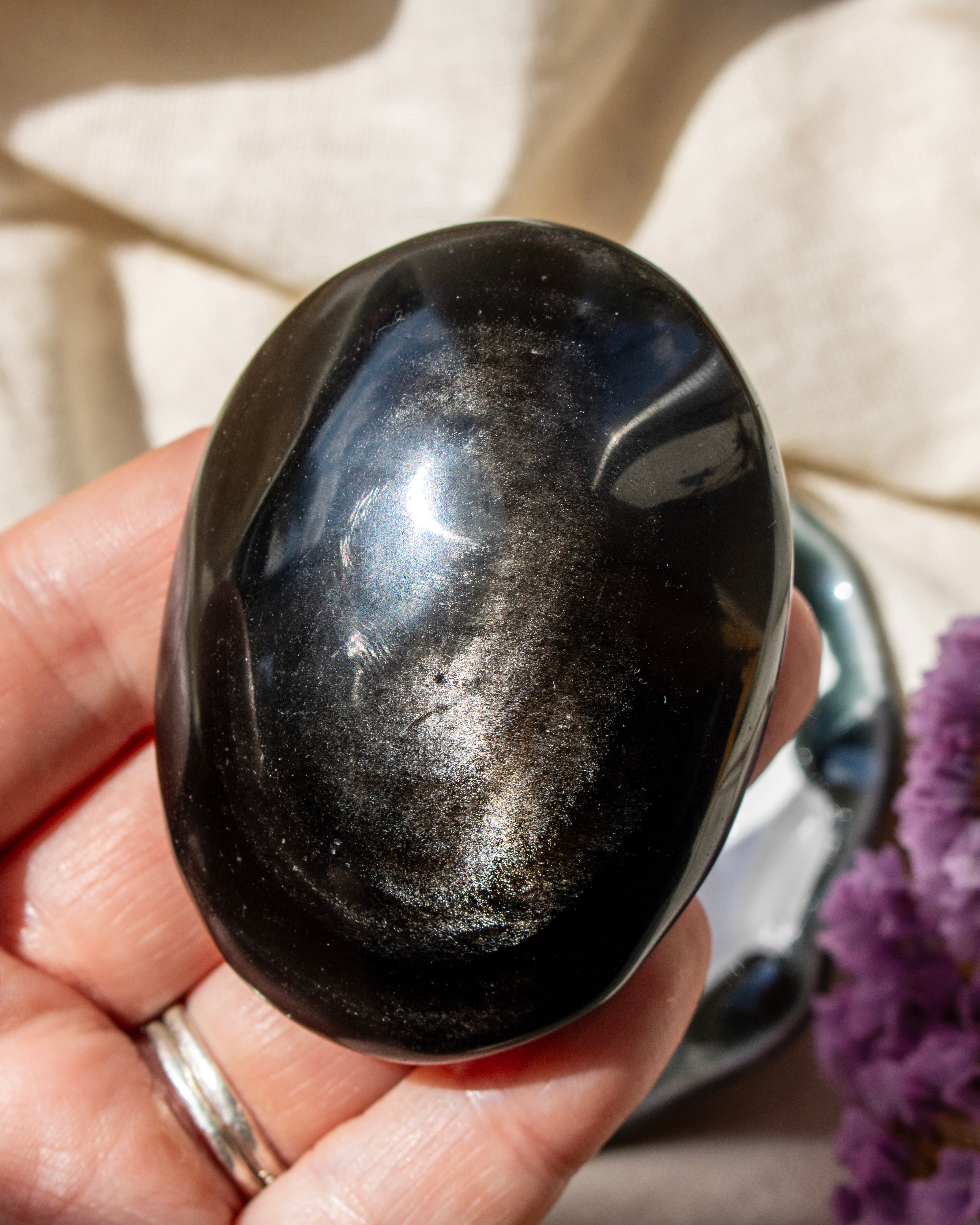 Black stone with a silver sheen being held over a blurred background