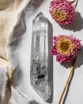 a clear crystal on a white ceramic plate with dried flowers