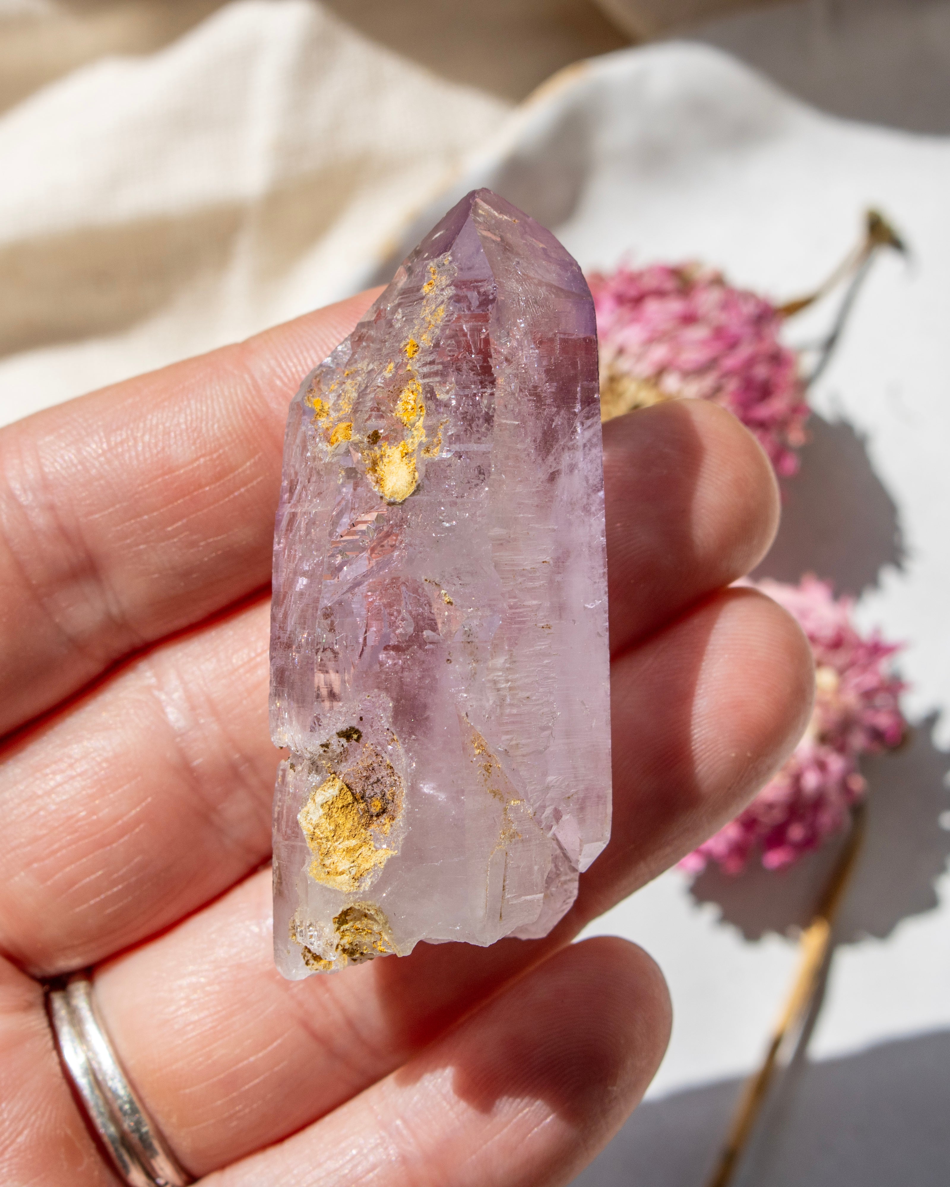 Hand holding a clear crystal with gold inclusions, surrounded by pink flowers on a light background