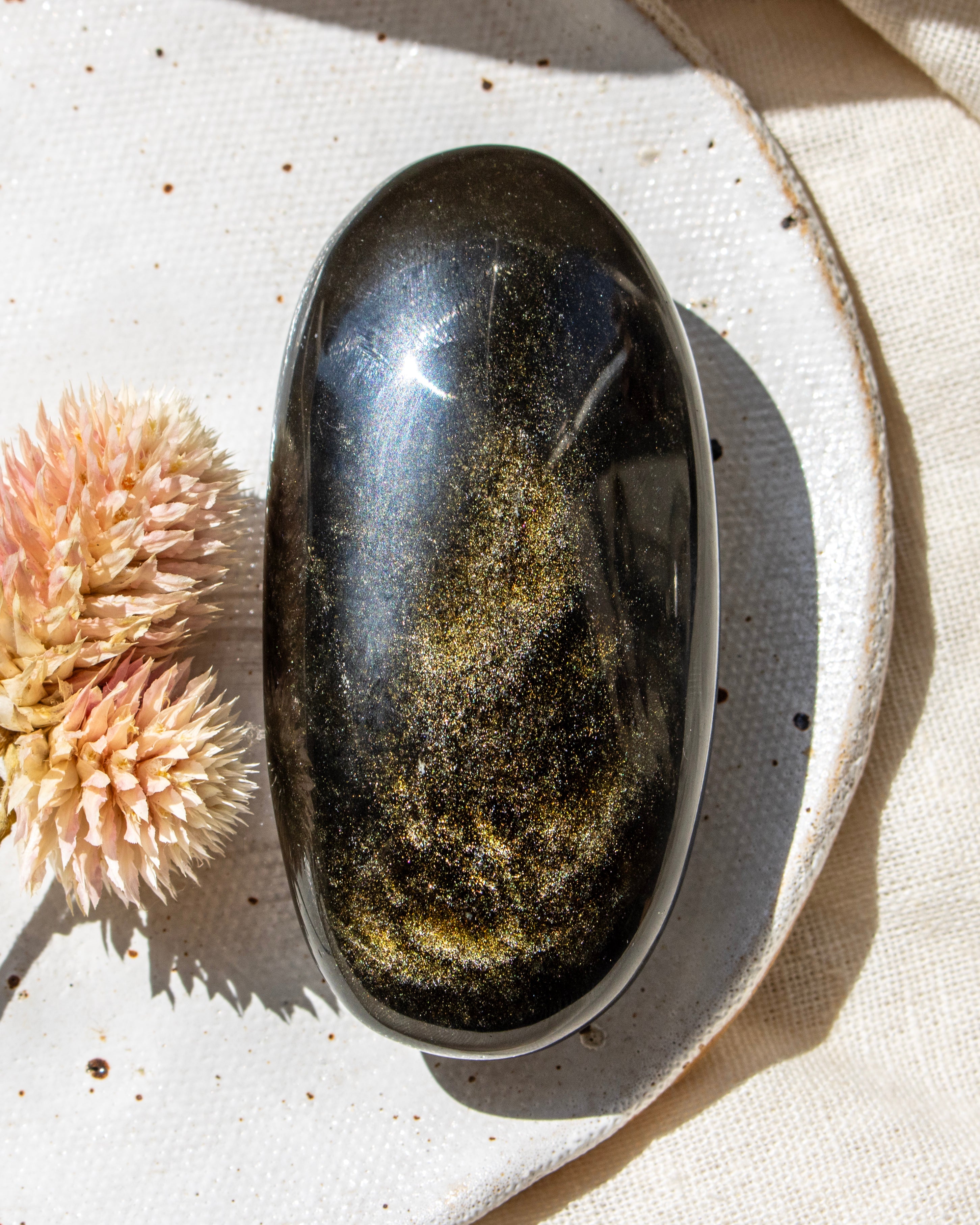 Oval-shaped stone with a metallic sheen on a textured surface with a dried flower.