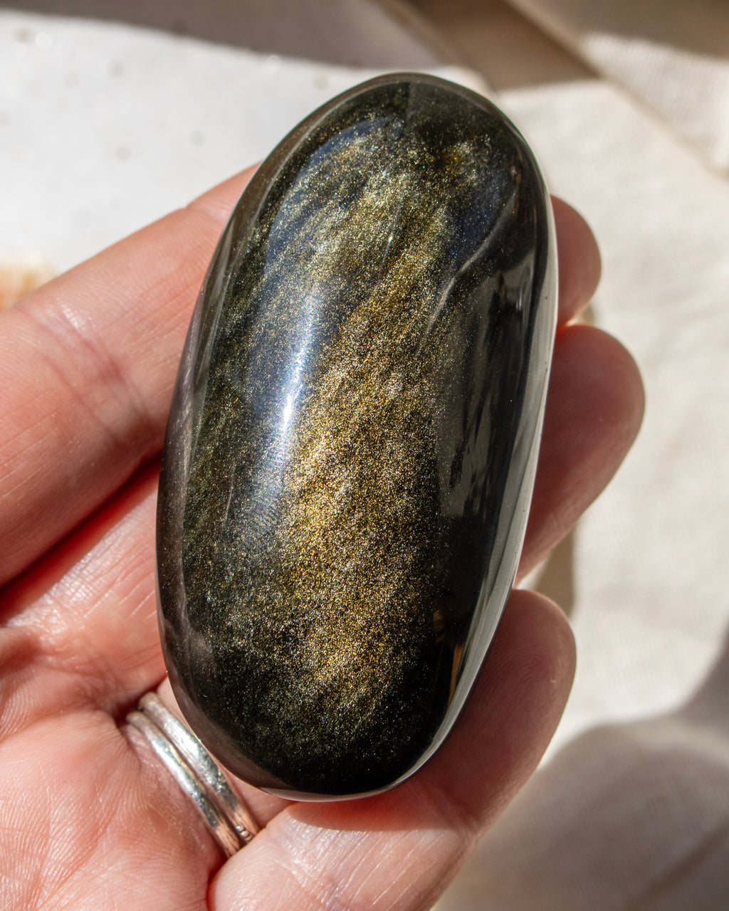 Hand holding a polished stone with a natural pattern, against a neutral background