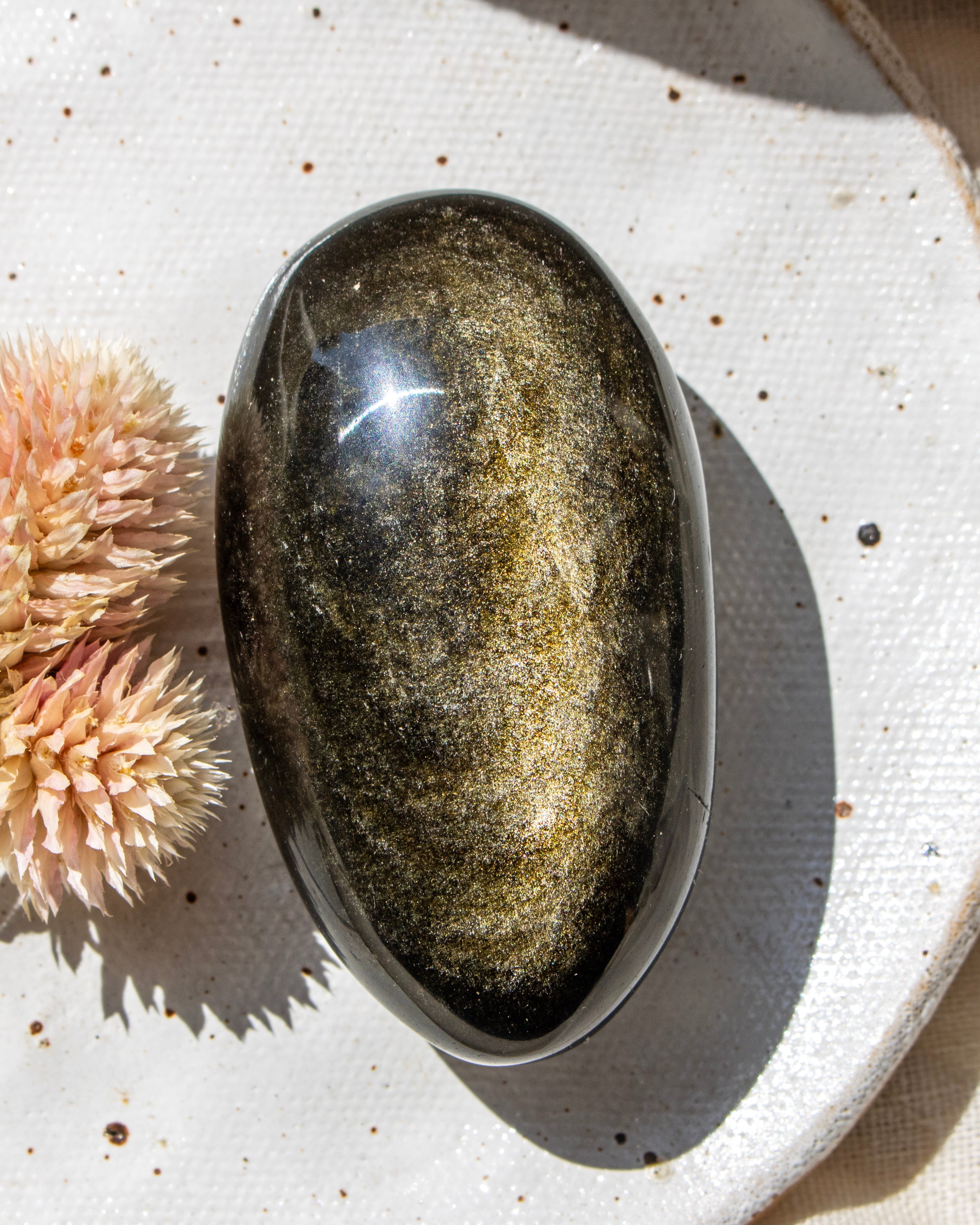 Oval-shaped stone on a textured surface with a dried flower