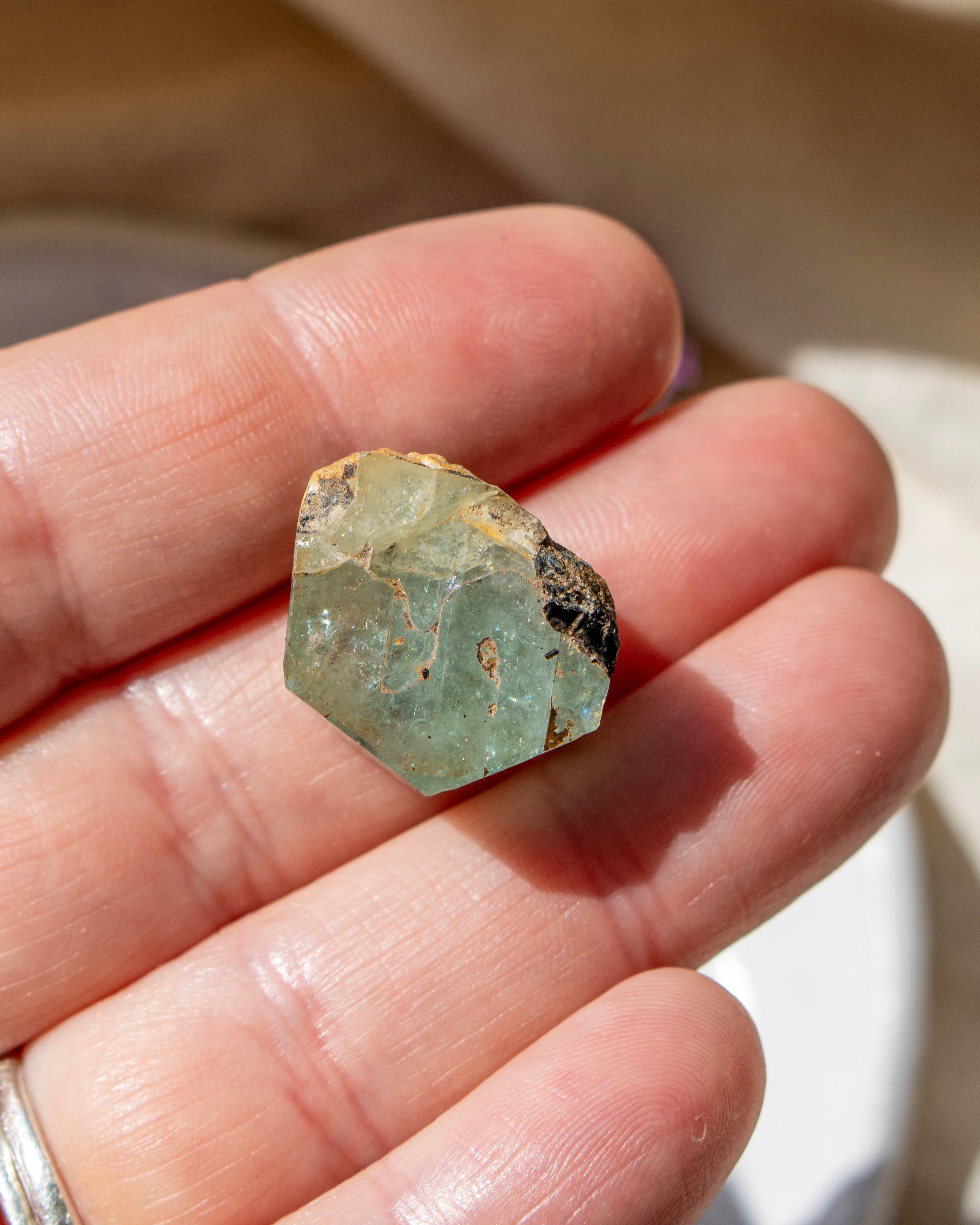 Hand holding a greenish stone with a blurred background