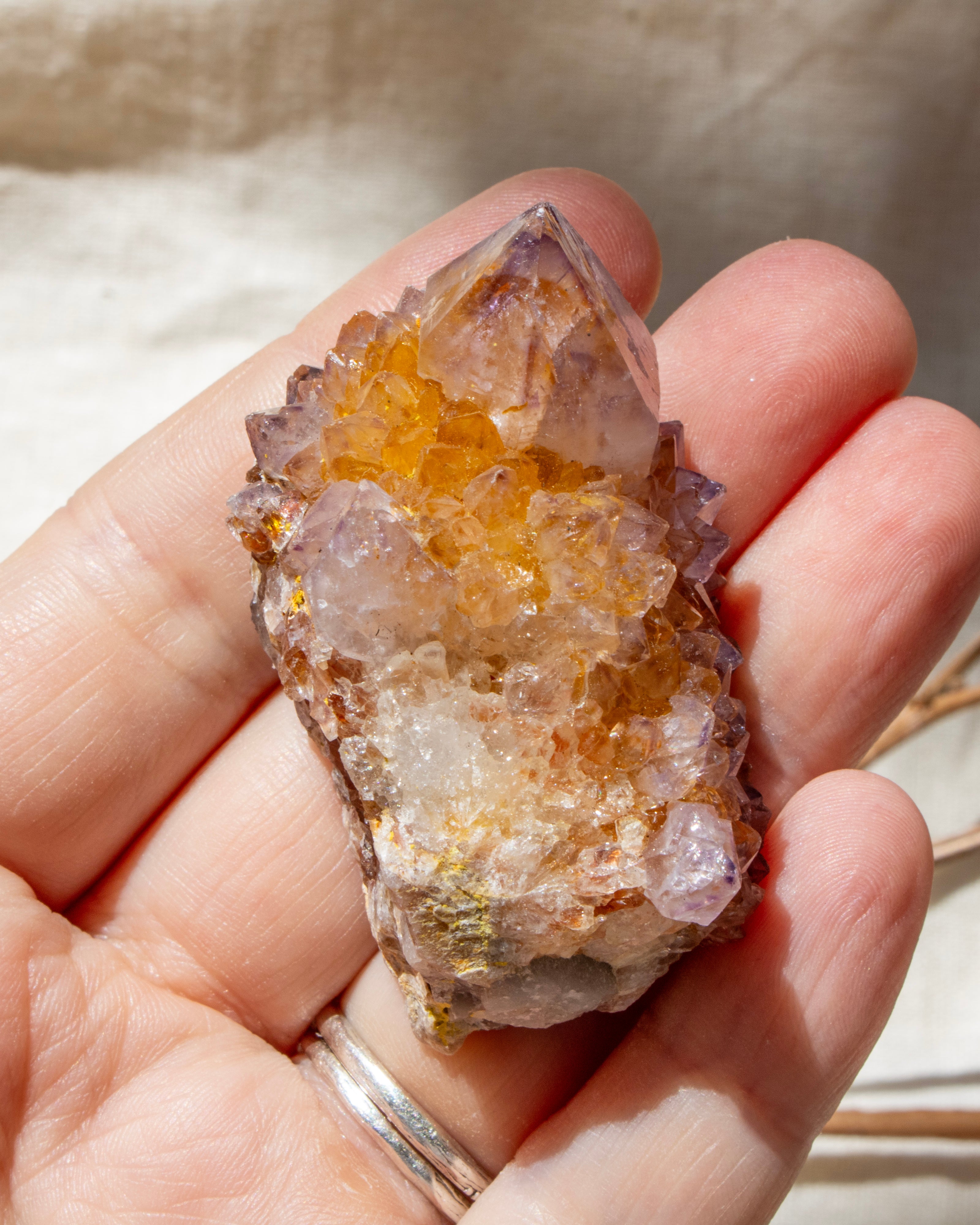 Hand holding a crystal with a natural background