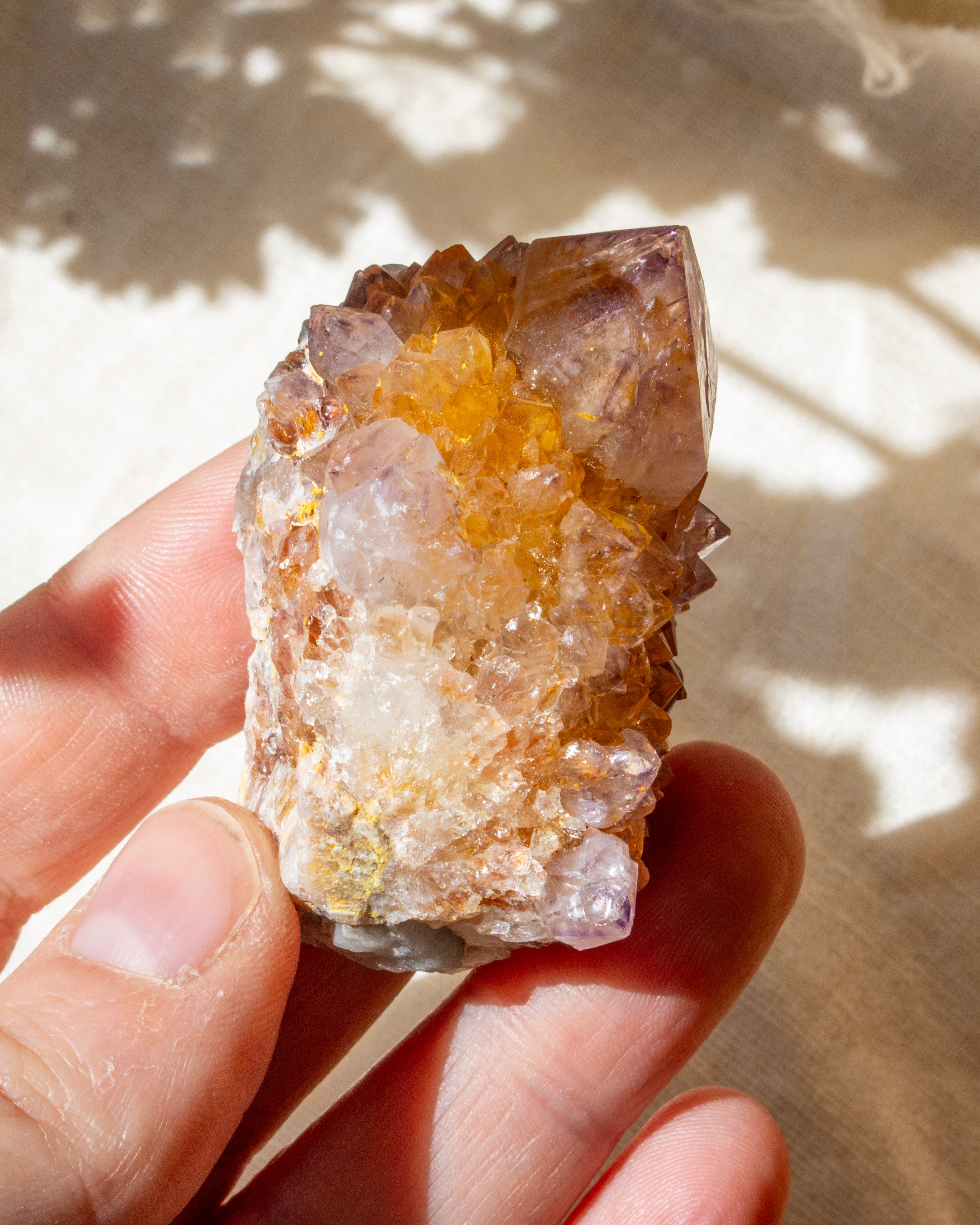 Hand holding a crystal with a natural background