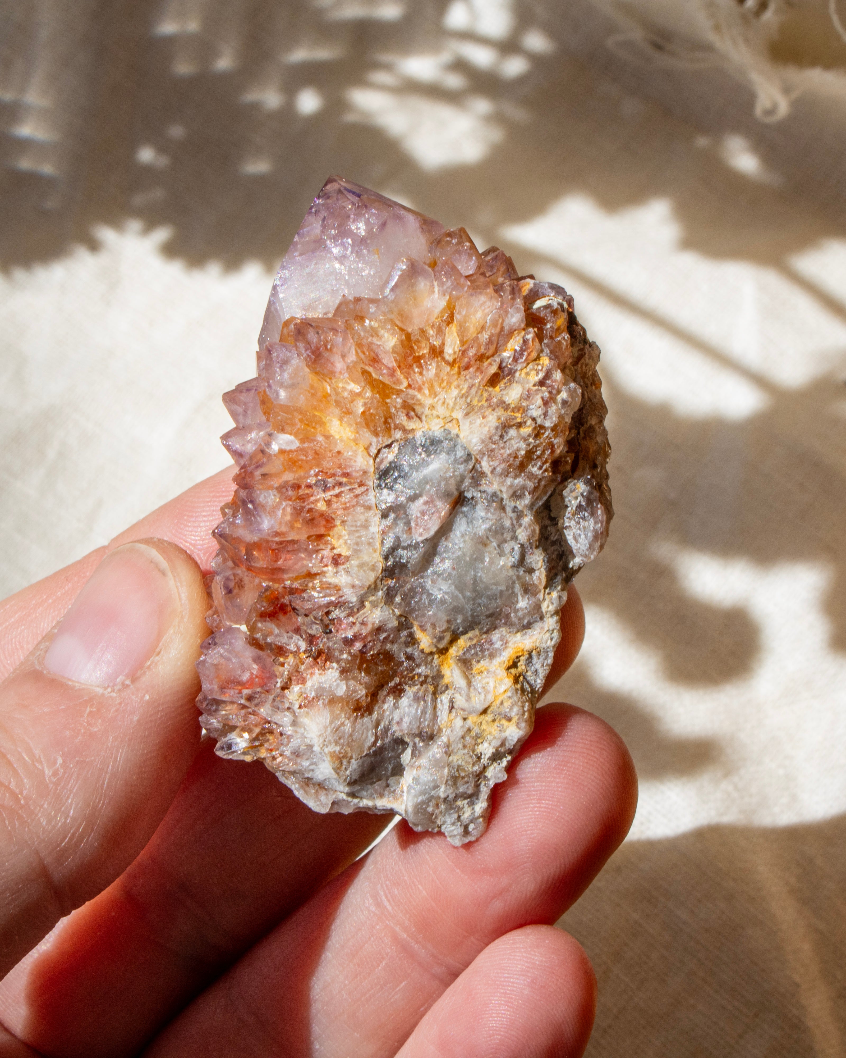 Hand holding a crystal with a natural background
