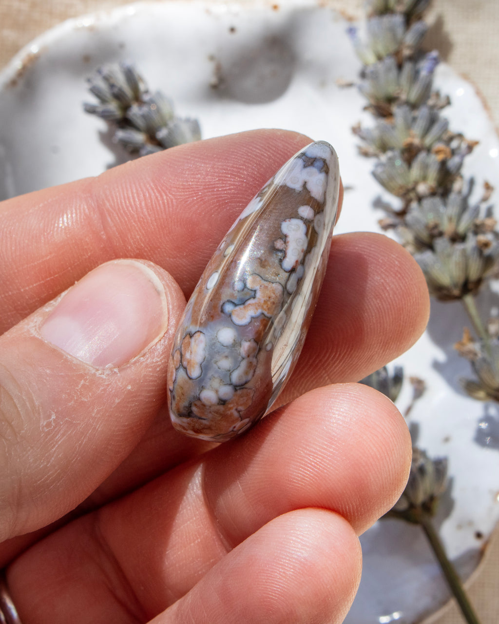 Hand holding a patterned stone with a blurred natural background