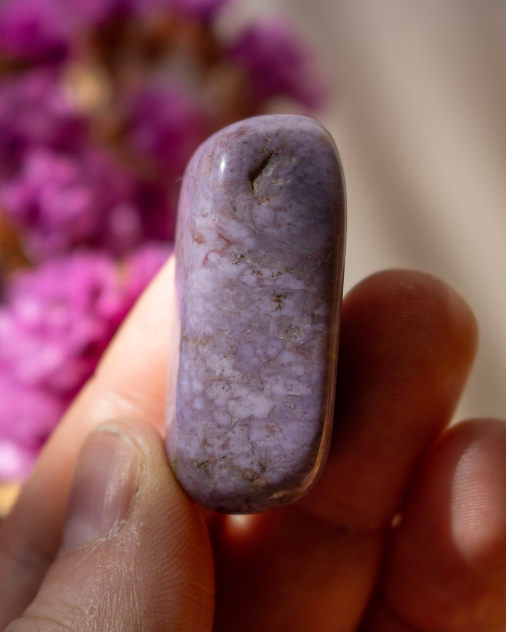 Hand holding a purple stone with blurred pink flowers in the background