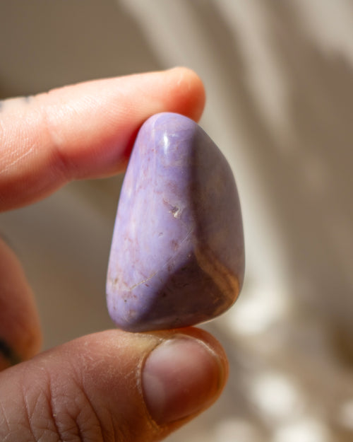 Hand holding a purple stone against a blurred background