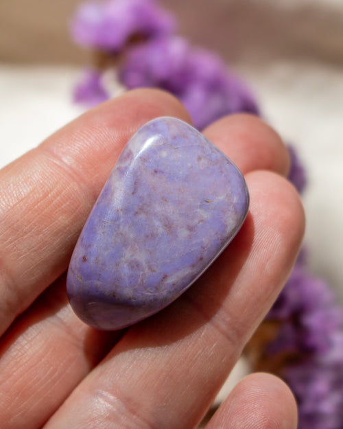 Hand holding a purple stone with blurred purple flowers in the background