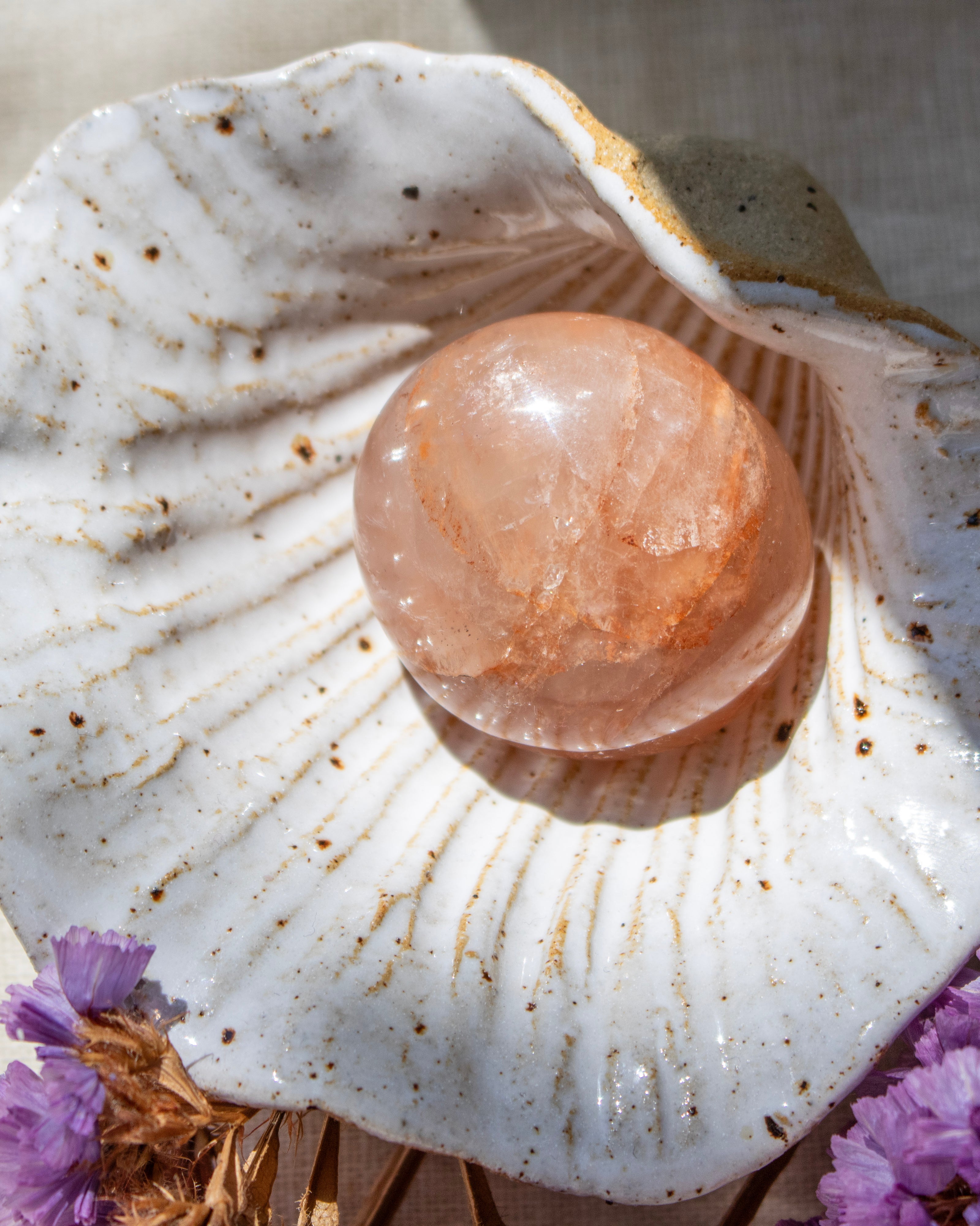 Crystal ball inside a seashell with purple flowers on a light background