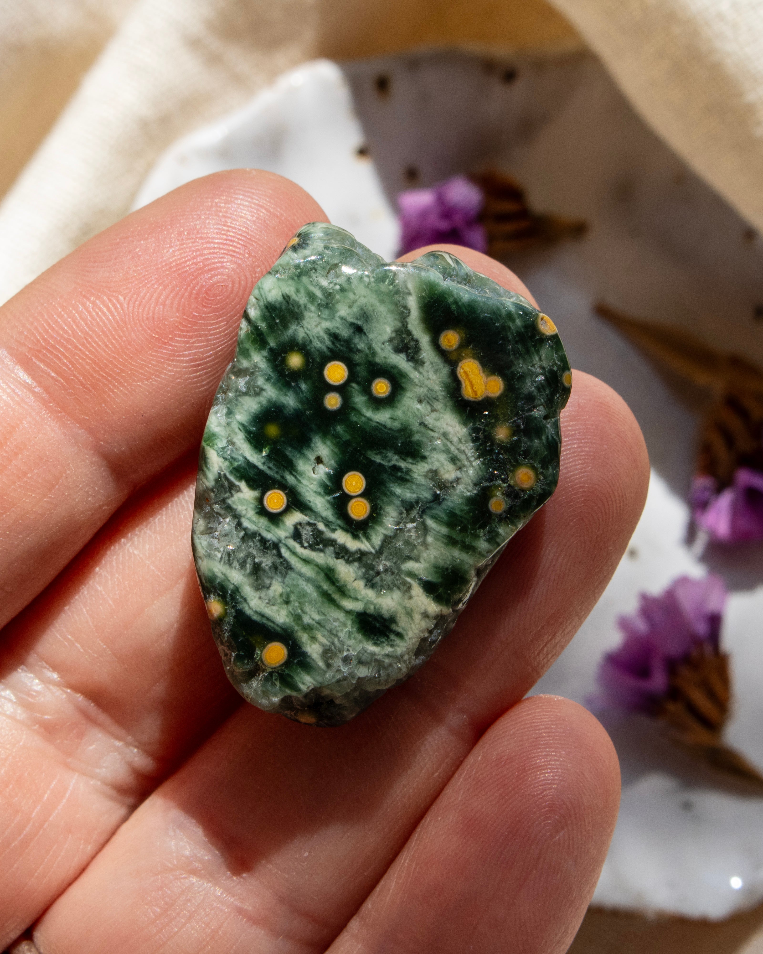 Green stone with yellow spots held in a hand, with a blurred background
