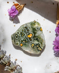 Decorative stone with floral elements on a textured surface