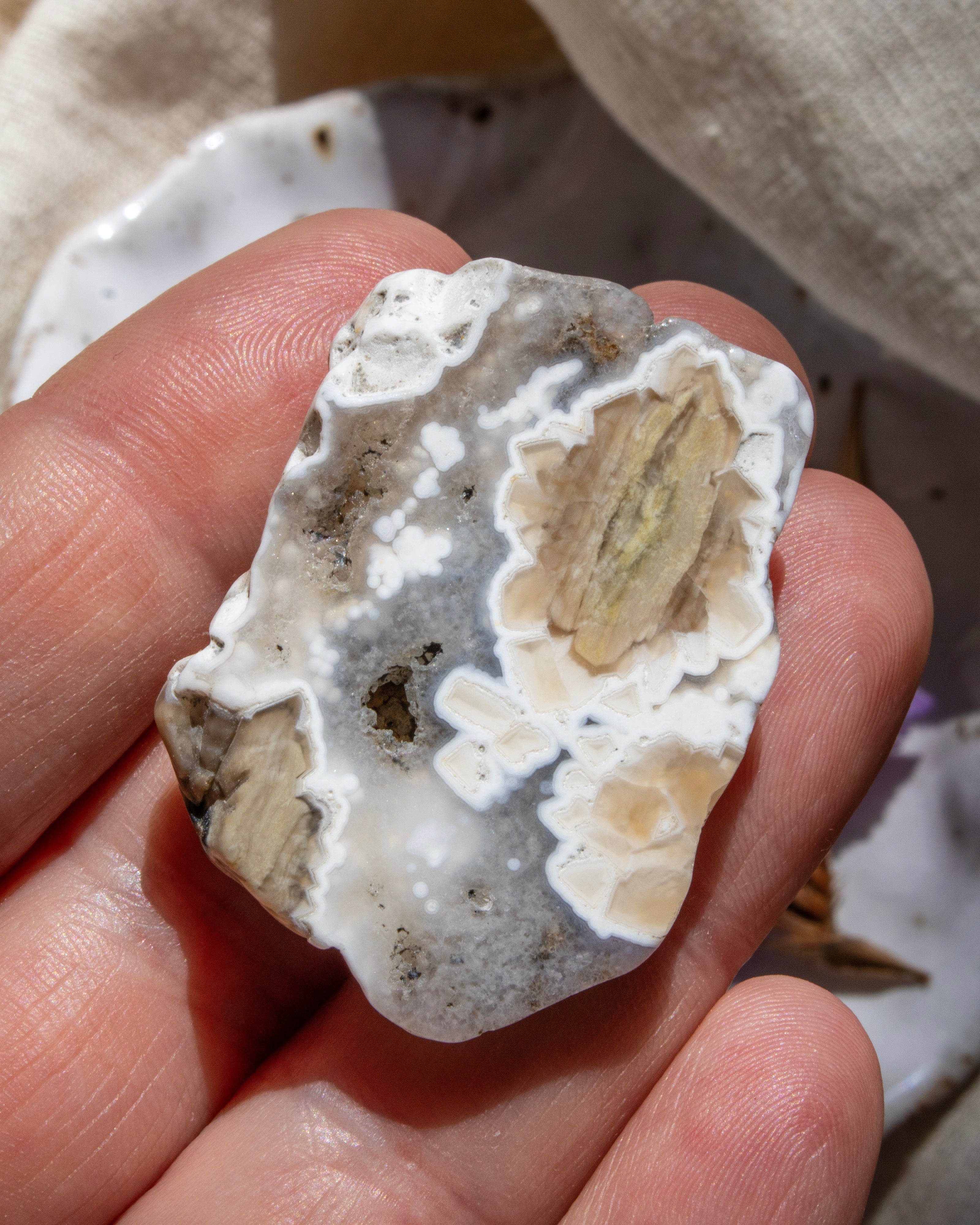 Hand holding a piece of agate with various colors and patterns