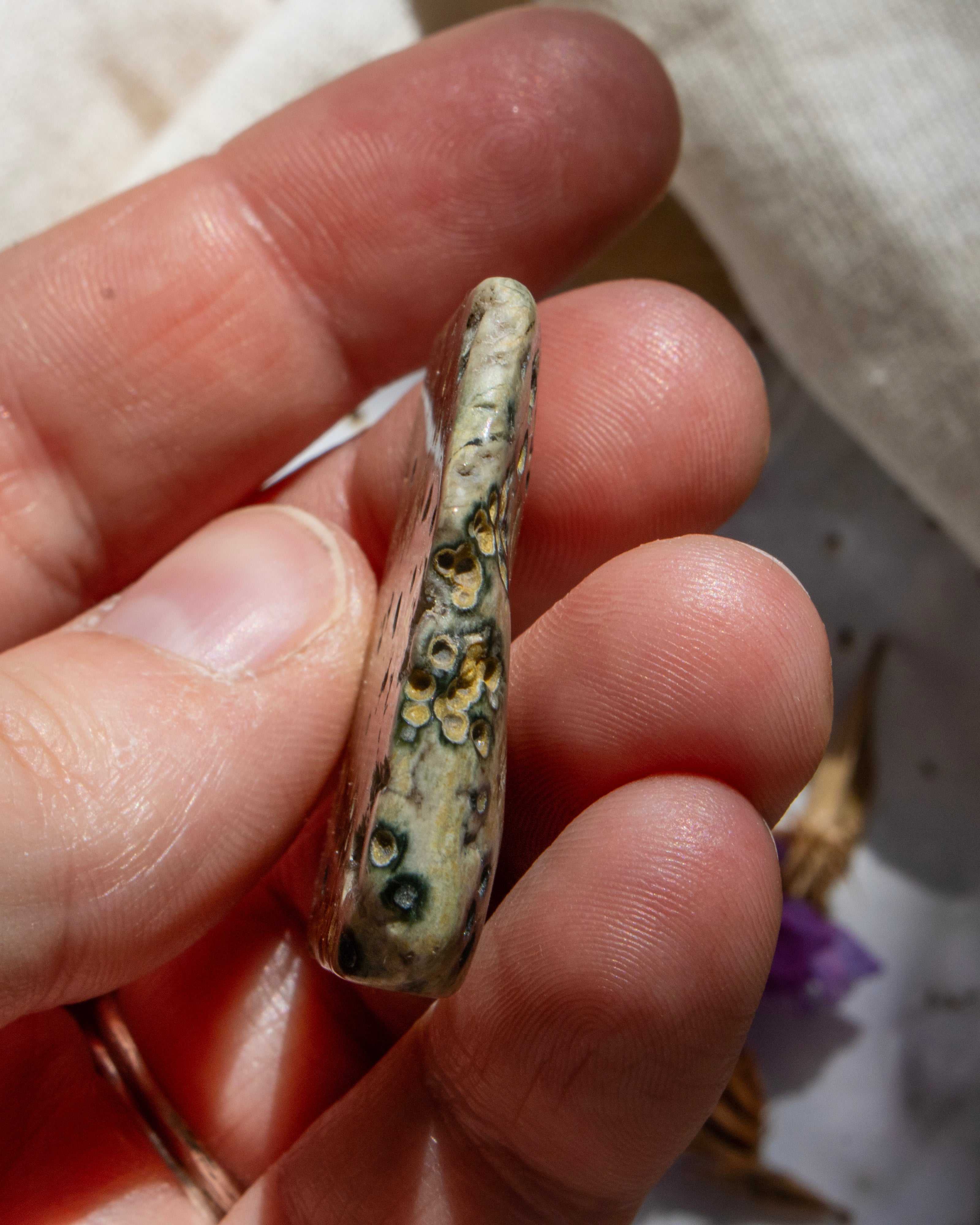 Hand holding a decorative stone with intricate patterns against a blurred background