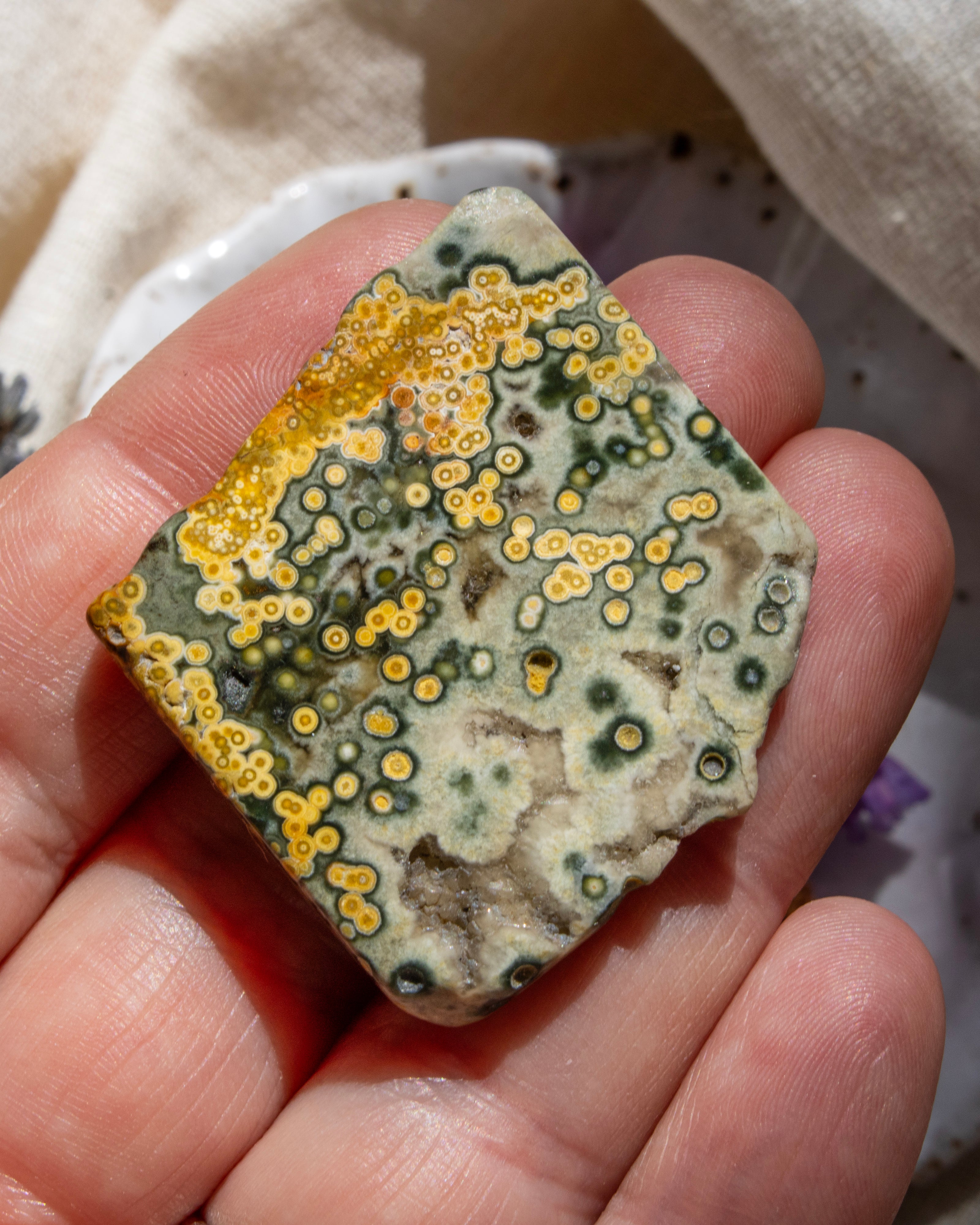 Close-up of a hand holding a piece of stone with yellow and green patterns.