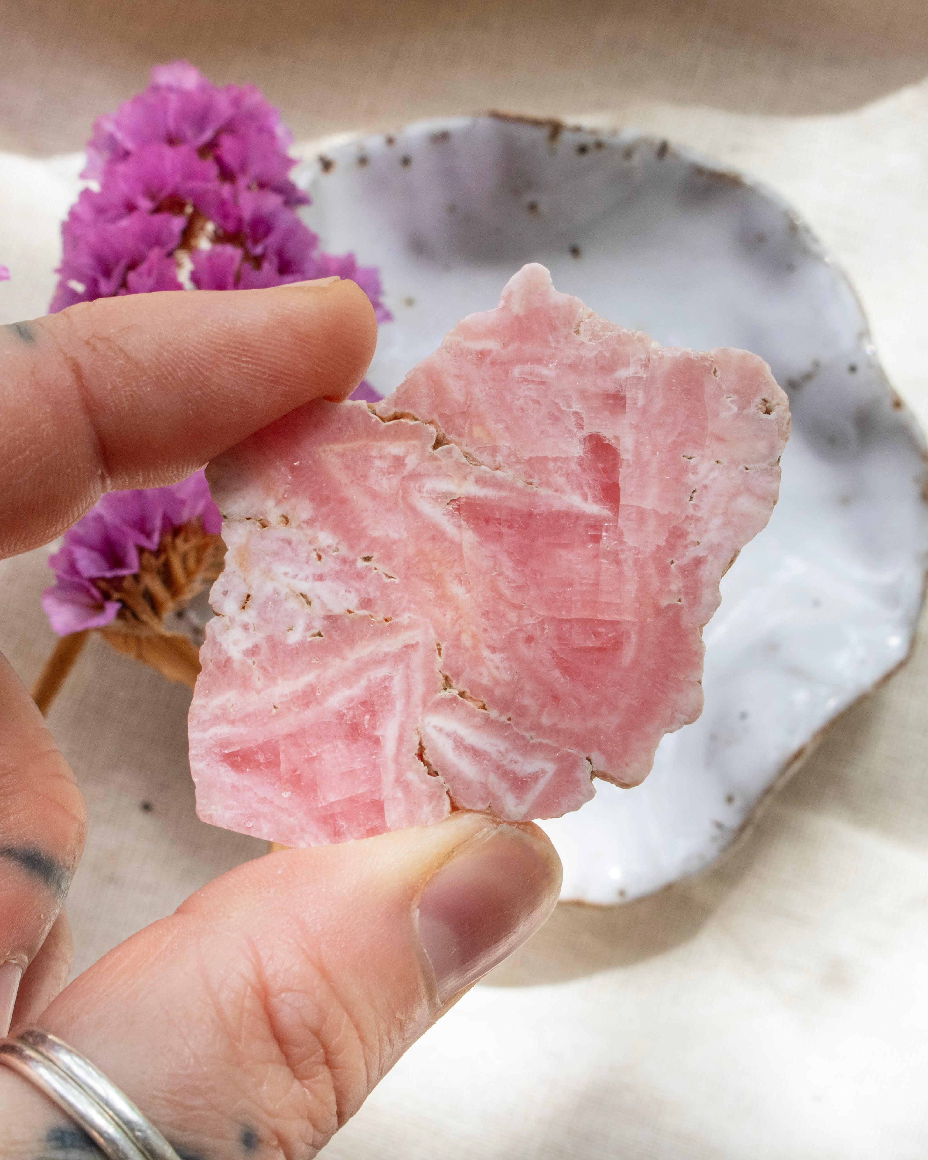 Hand holding a pink crystal with a blurred background of a shell and purple flowers.